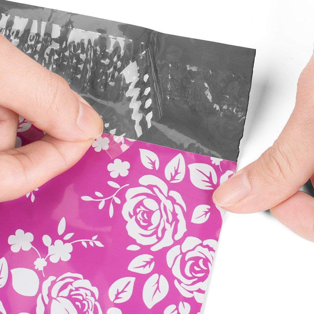 Metronic 100 Pcs 10x13" Poly Mailer Envelopes Shipping Bags of Pink+White Rose Design with Self Adhesive, Waterproof and Tear-proof Postal Printed Bags