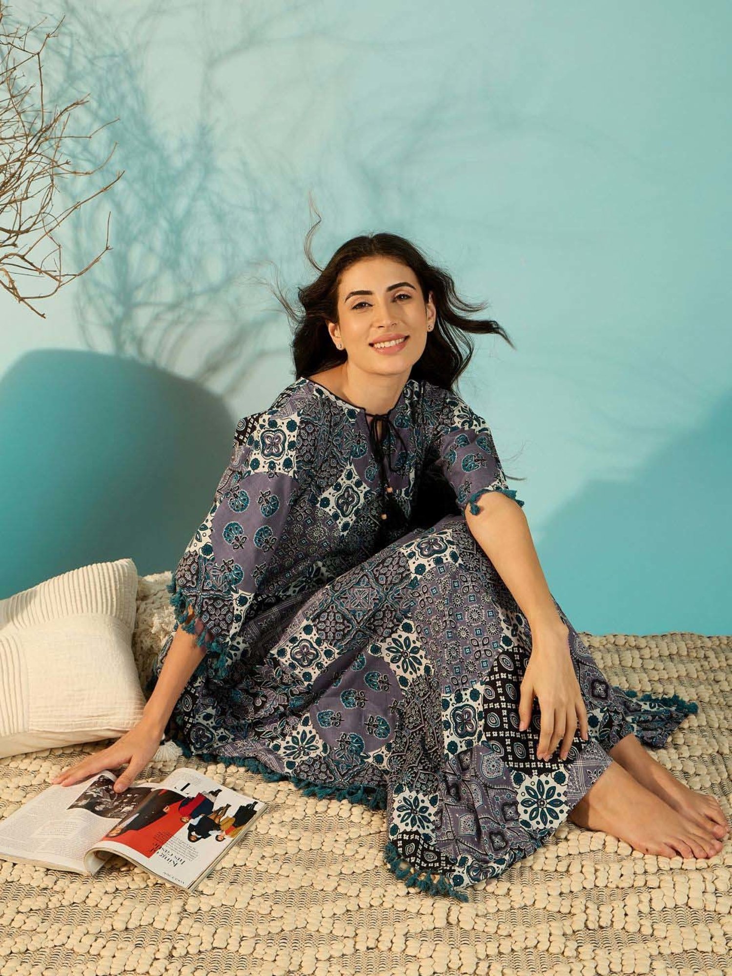 The Kaftan Company Purple Cotton Printed Kaftan