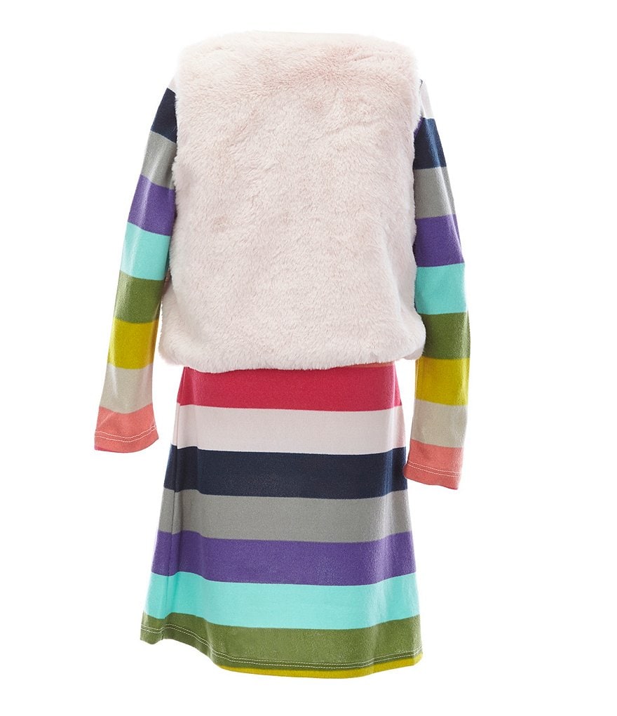 Rare Editions Little Girls 2T-6X Faux-Fur Vest & Striped Hacci Shift Dress Set