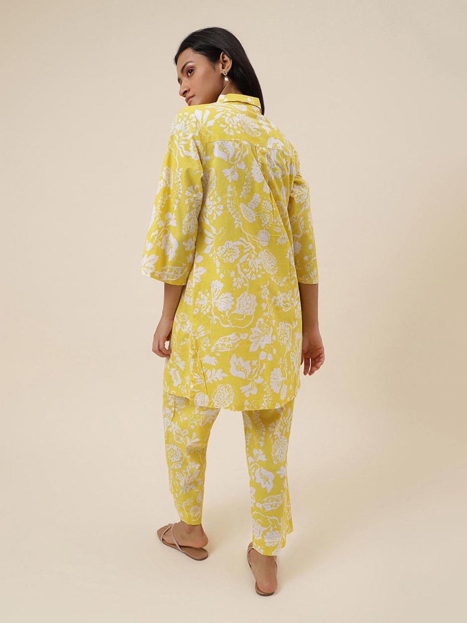 Fabindia Yellow Cotton Printed Tunic With Pants