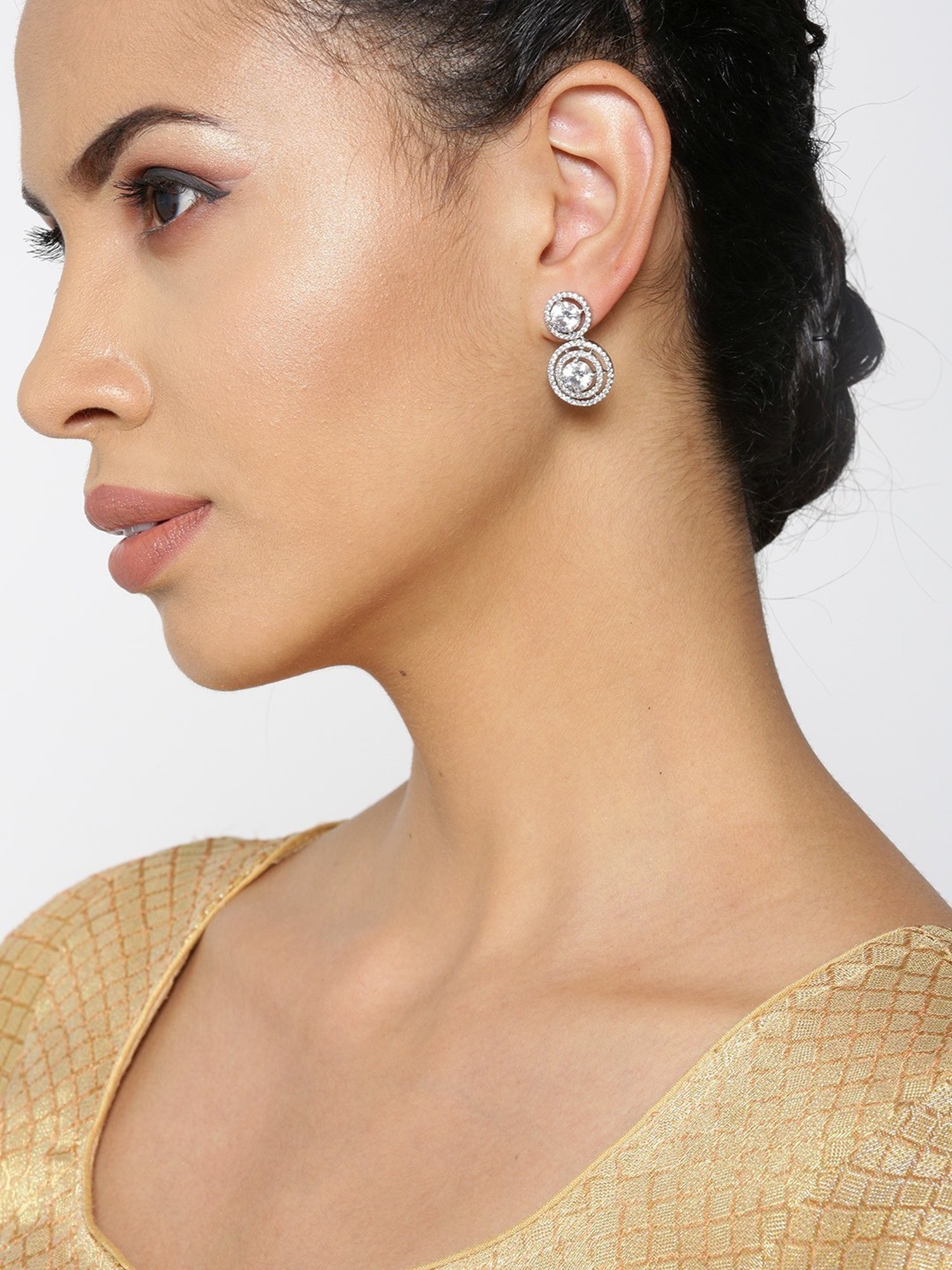 Priyaasi Rhodium-Plated American Diamond Studded Circular Drop Earrings