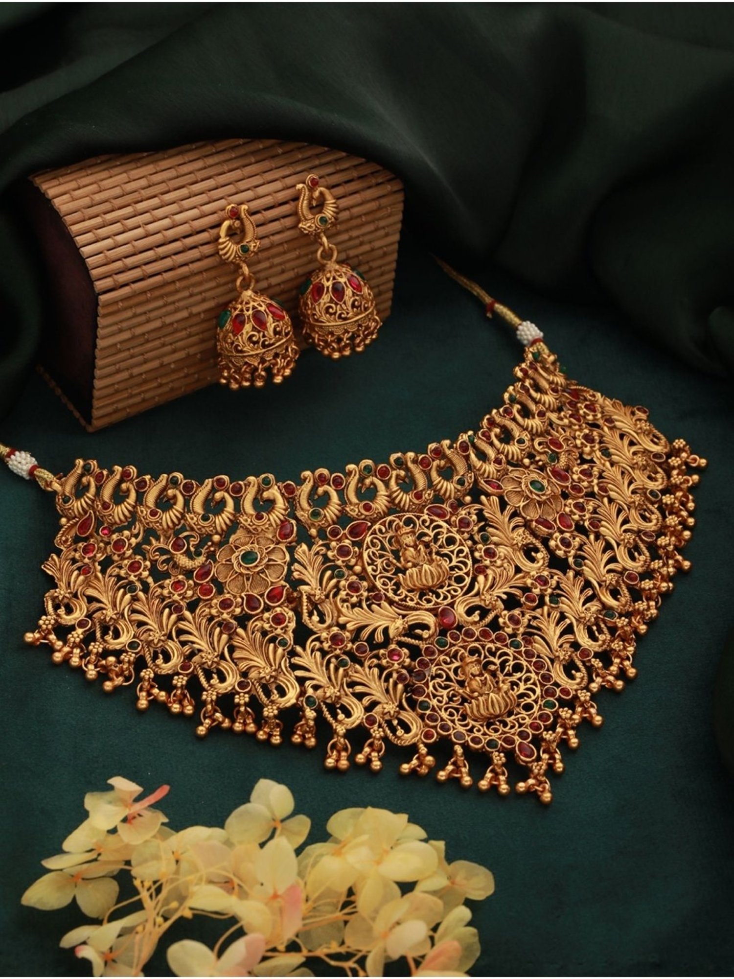 Aatmana Gold-Plated Red & Green Stone-Studded Temple Necklace Set
