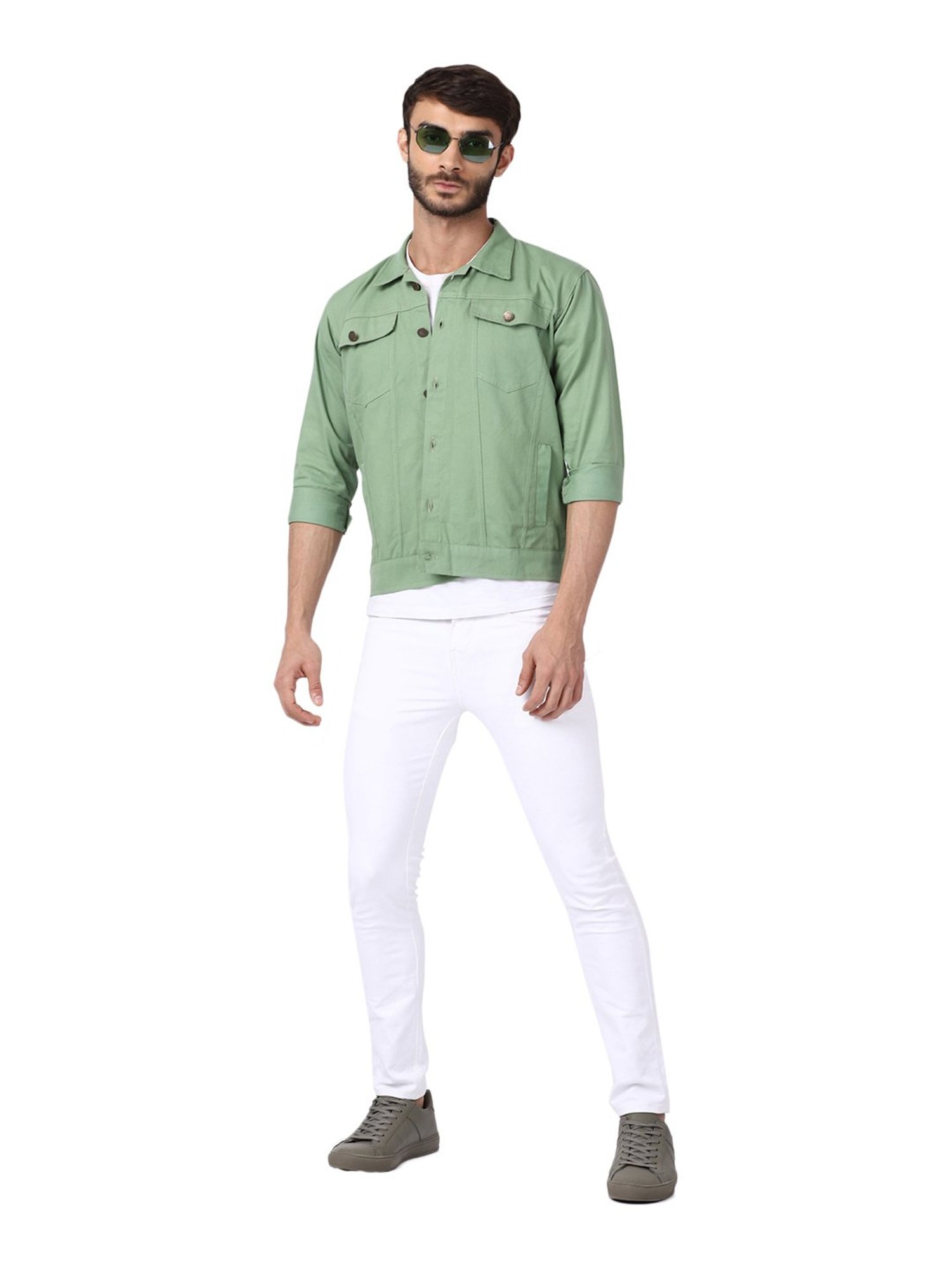 VOXATI Light Green Full Sleeves Shirt Collar Denim Jacket