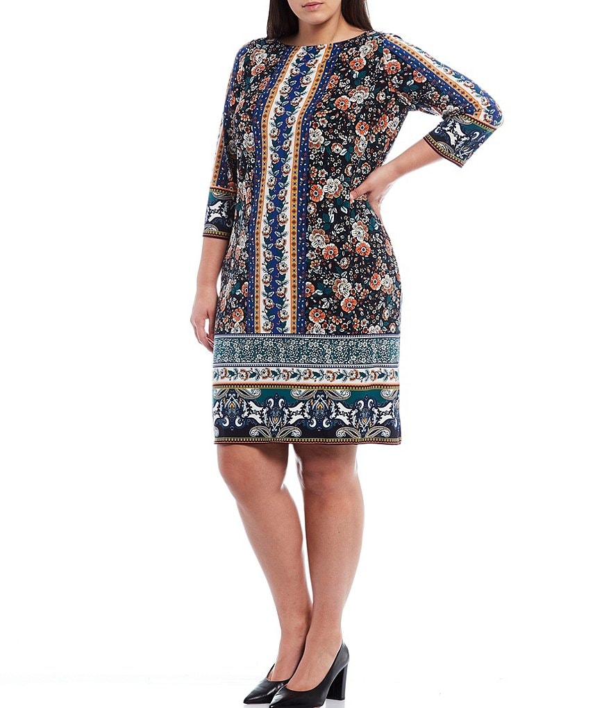 London Times Plus Size Round Neck 3/4 Sleeve Floral Printed Jersey Shift Dress