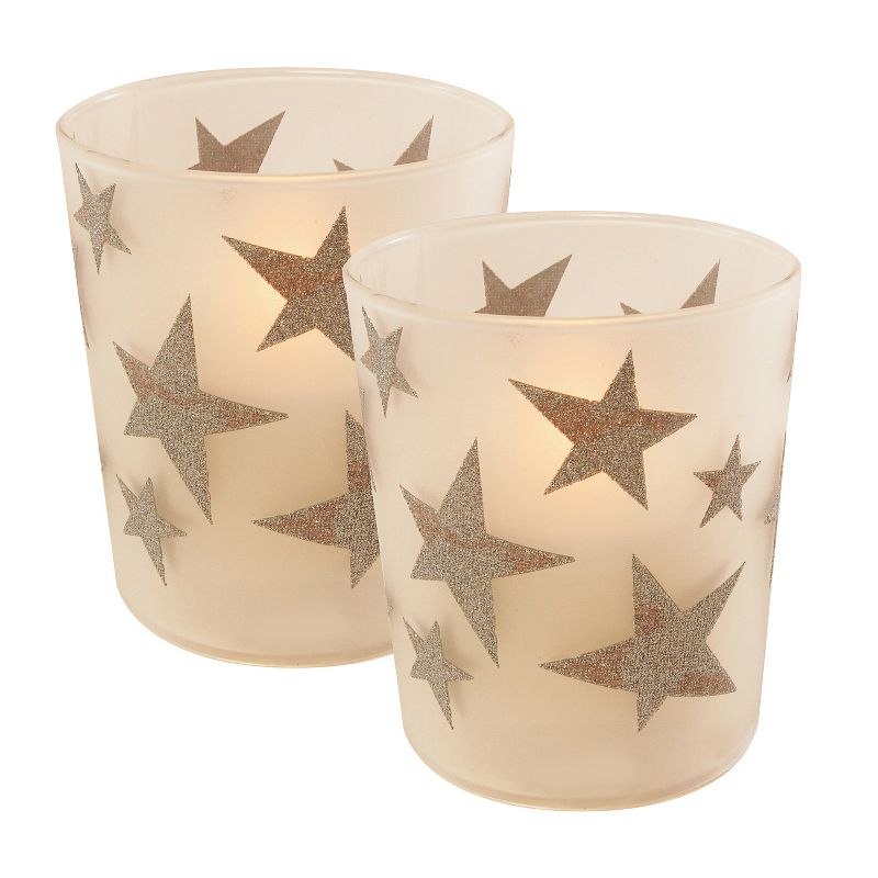 2ct LED Wax Candles Filled in Glass Holders With 2 Timers "Gold Stars" Candle - LumaBase