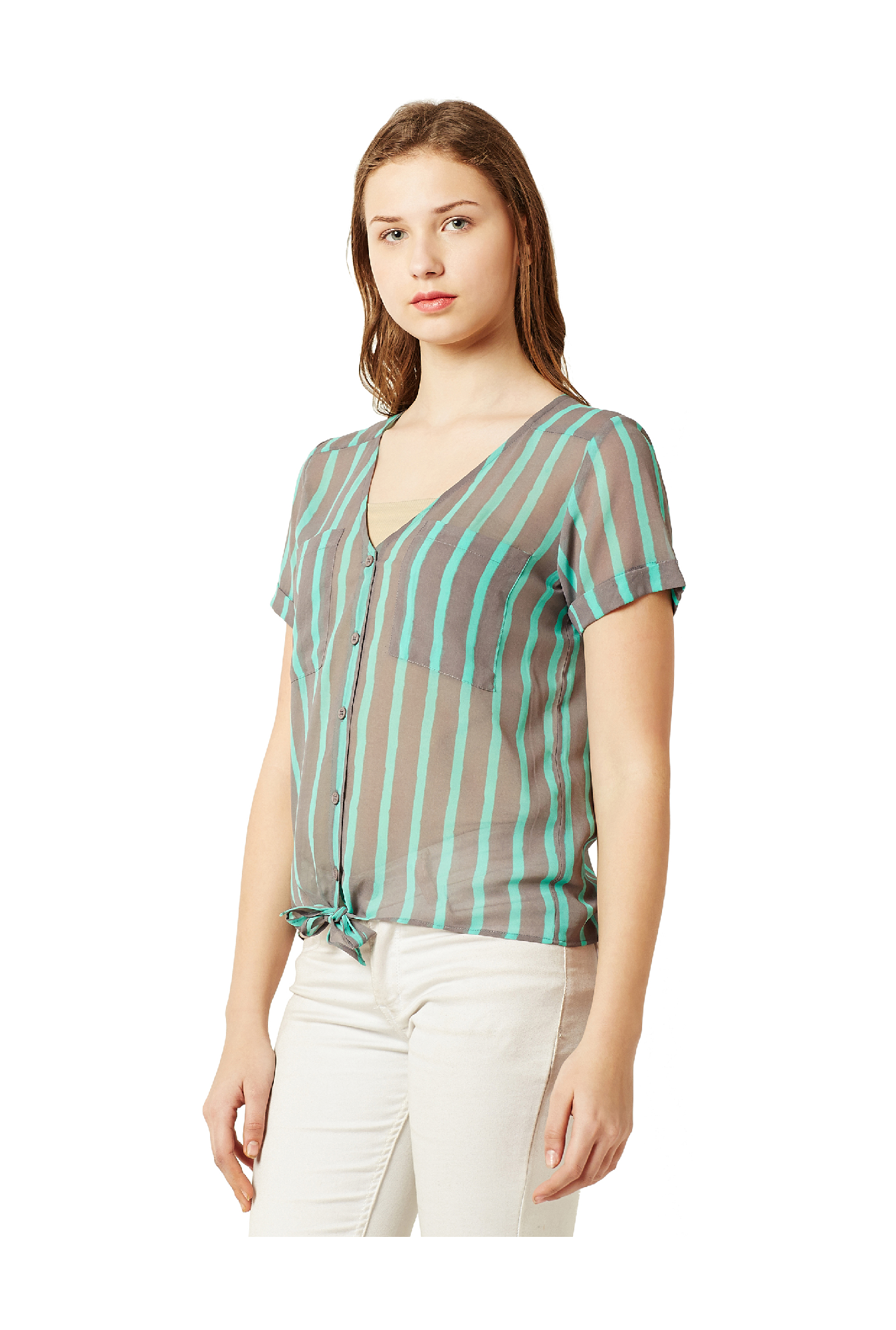 Miss Chase Grey & Mint Striped Georgette Top