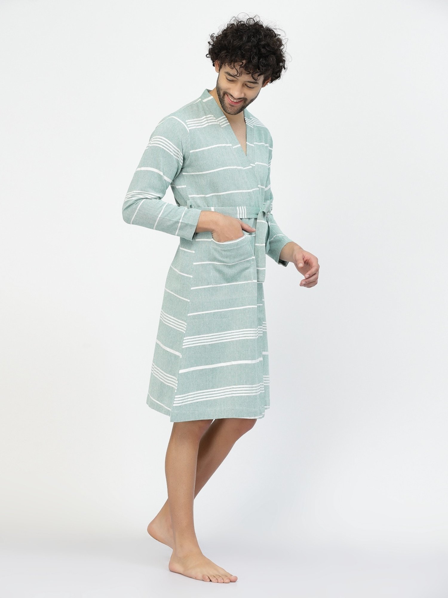 Klotthe Stripes Green & White 210 GSM Cotton Bath Robe with Belt