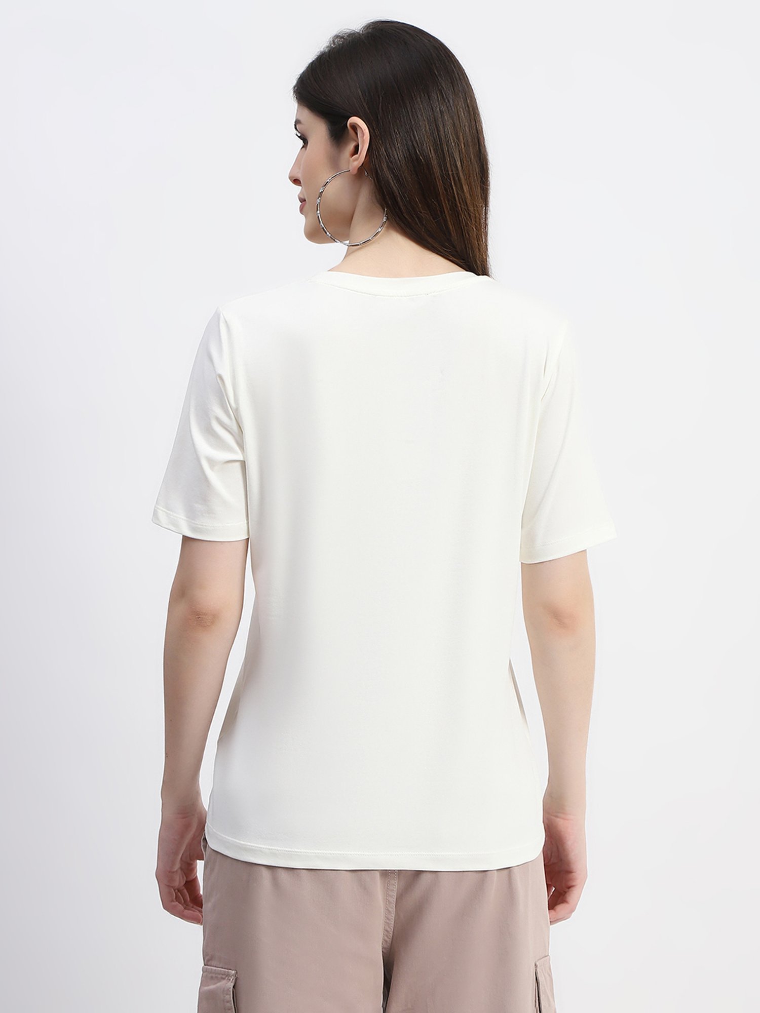 MADAME Off White Cotton Embellished T-Shirt