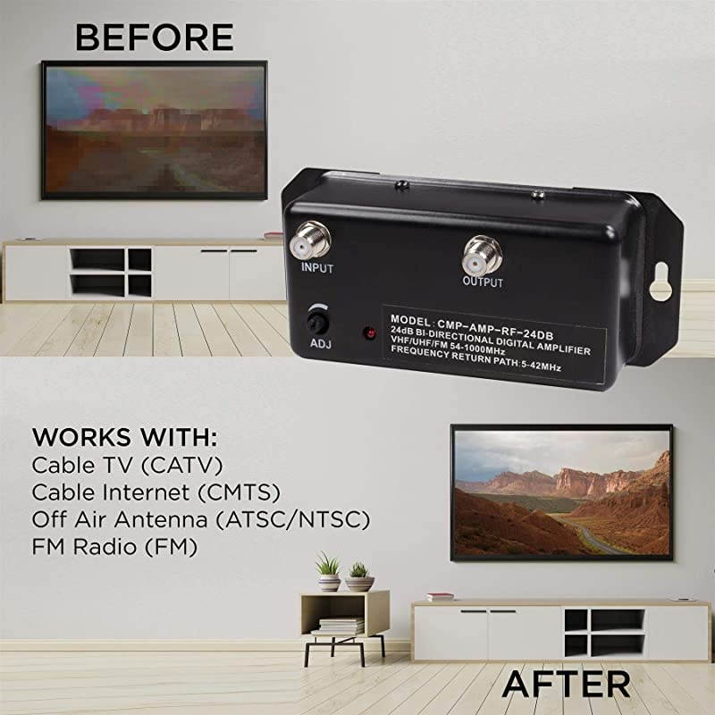 Distribution Amplifier - Digital TV Antenna Booster Signal Amplifier, Adjustable Boost/Gain, NTSC, ATSC, FM, UHF, VHF - 1000 MHz - Includes RG6 Coaxial Cable