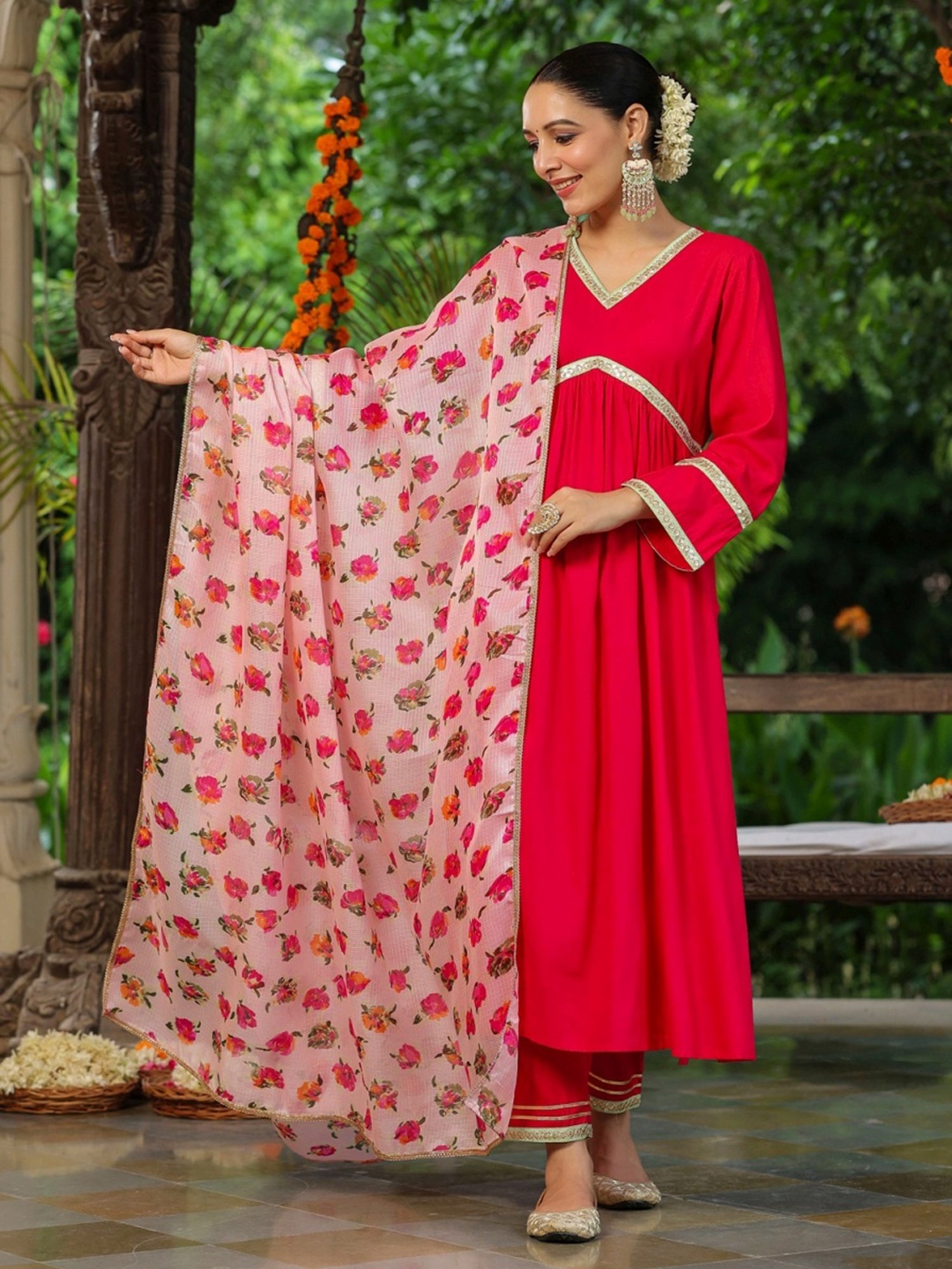 Rain and Rainbow Fuchsia Pink Embroidered Kurta Pant Set With Dupatta