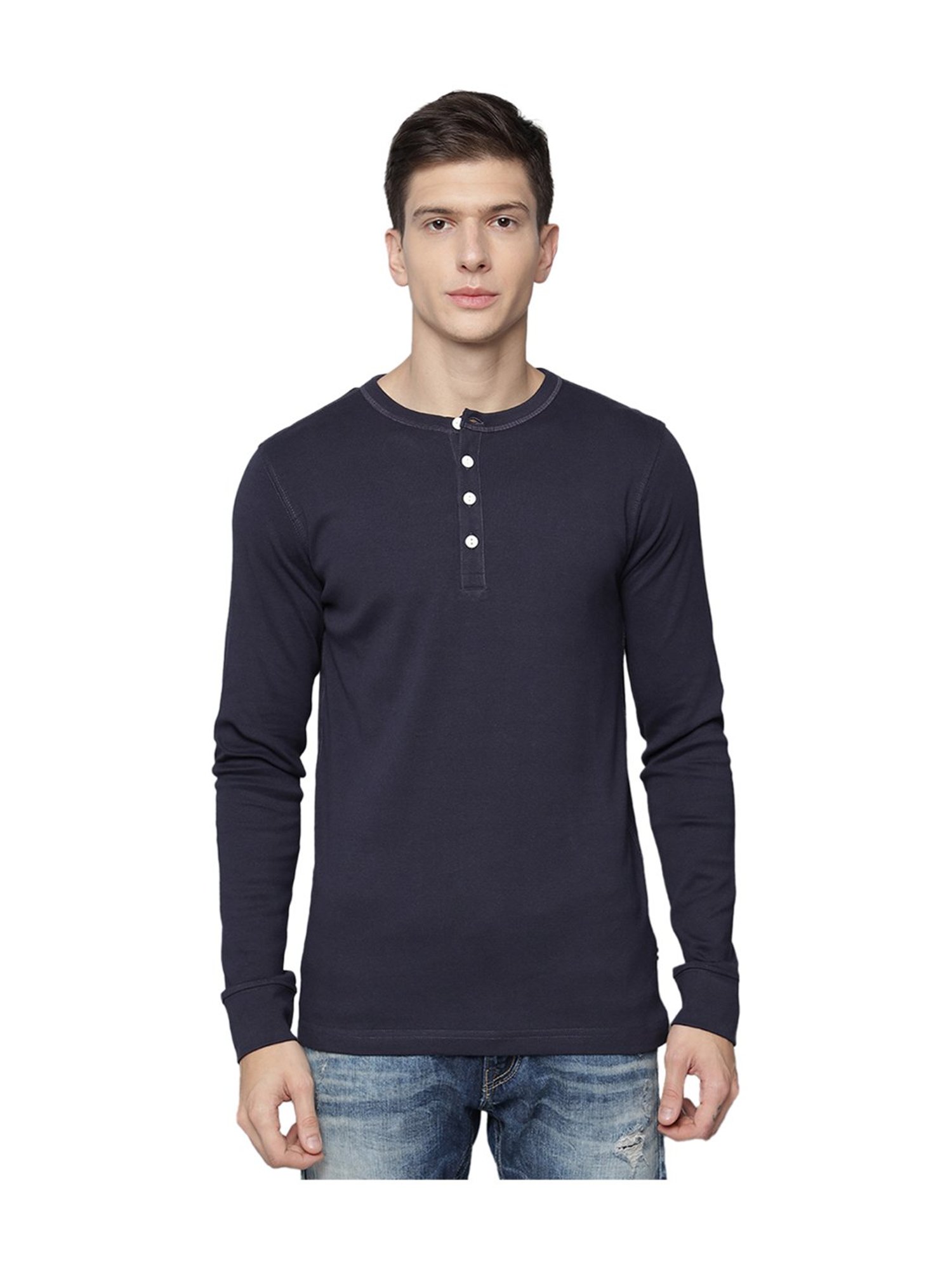 Lindbergh Navy Full Sleeves Henley T-Shirt