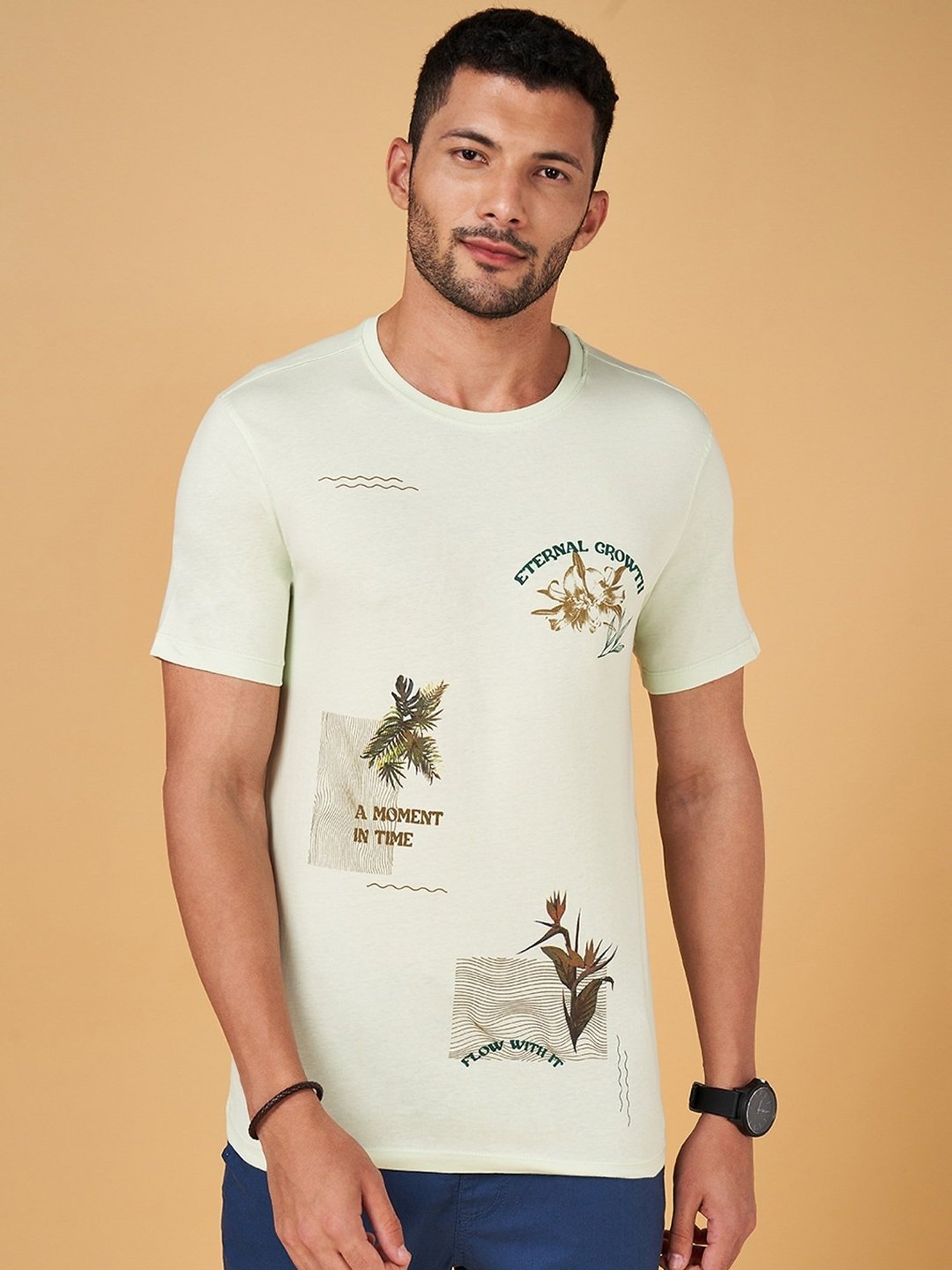 Urban Ranger by Pantaloons Mint Cotton Slim Fit Printed T-Shirt