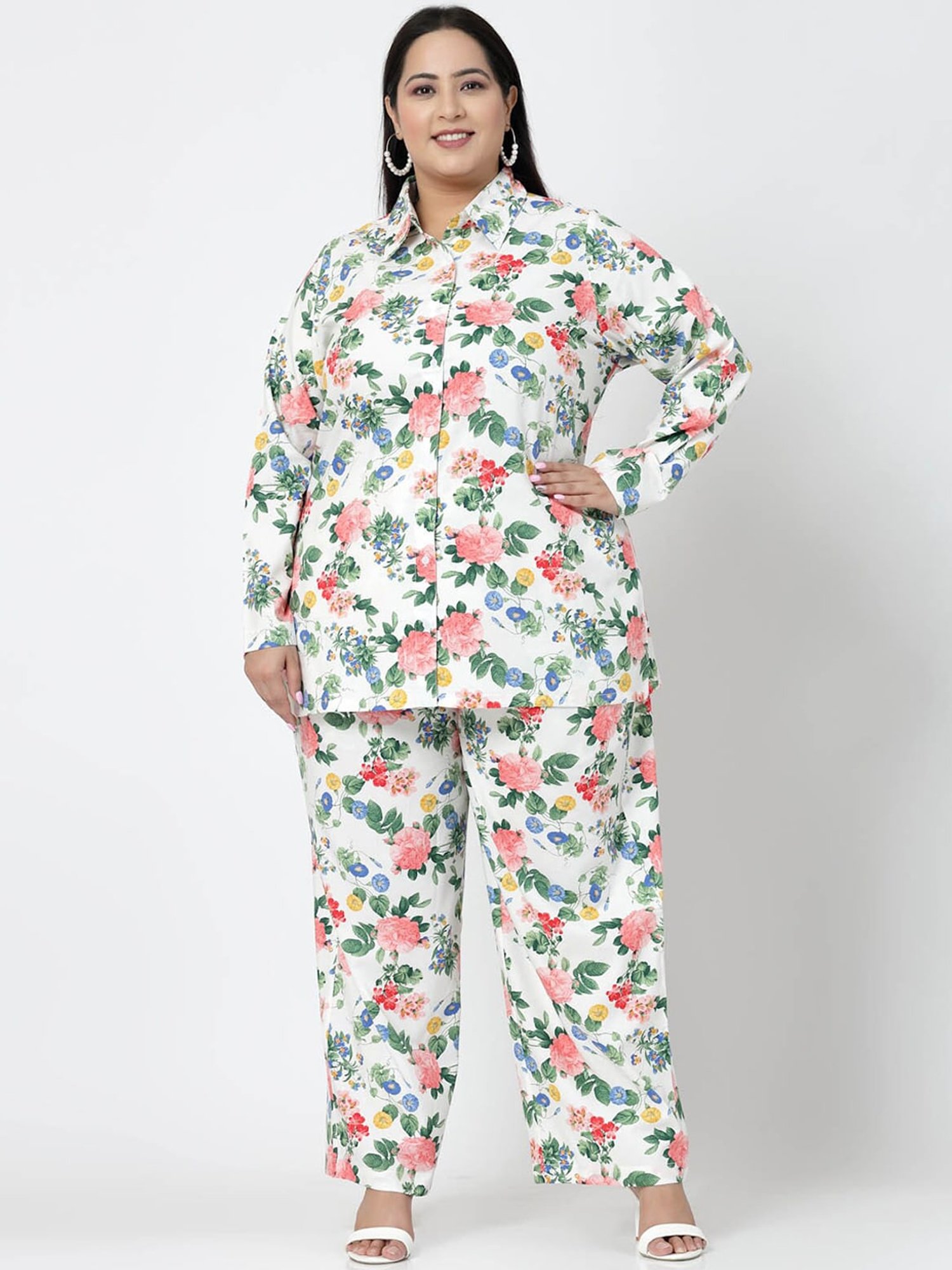 Melon by PlusS White Floral Print Shirt Pant Set