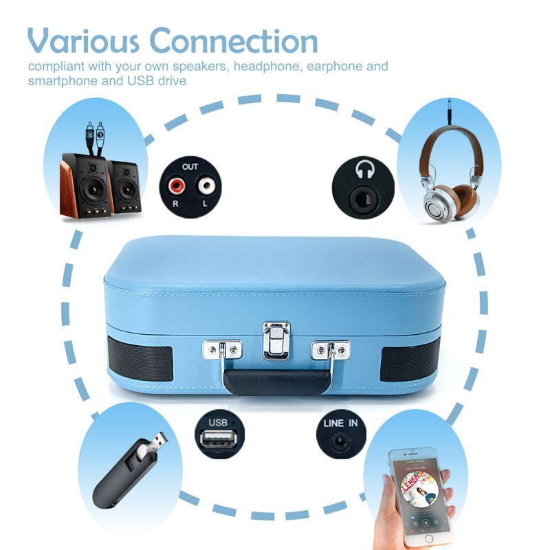 LP&No.1 Portable Bluetooth Turntable with USB Play and Recording,Suitcase 3 Speed Vinyl Record Player with Pitch Control,RCA Output and Aux Input, Blue