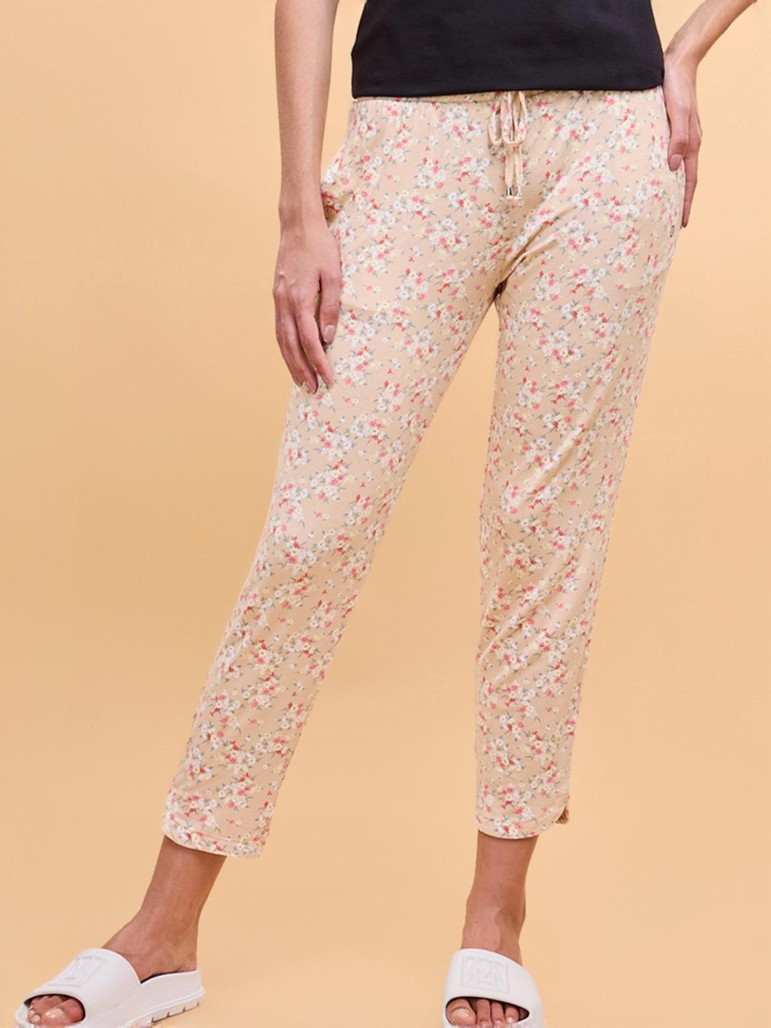 Enamor Beige Floral Print Lounge Track Pants