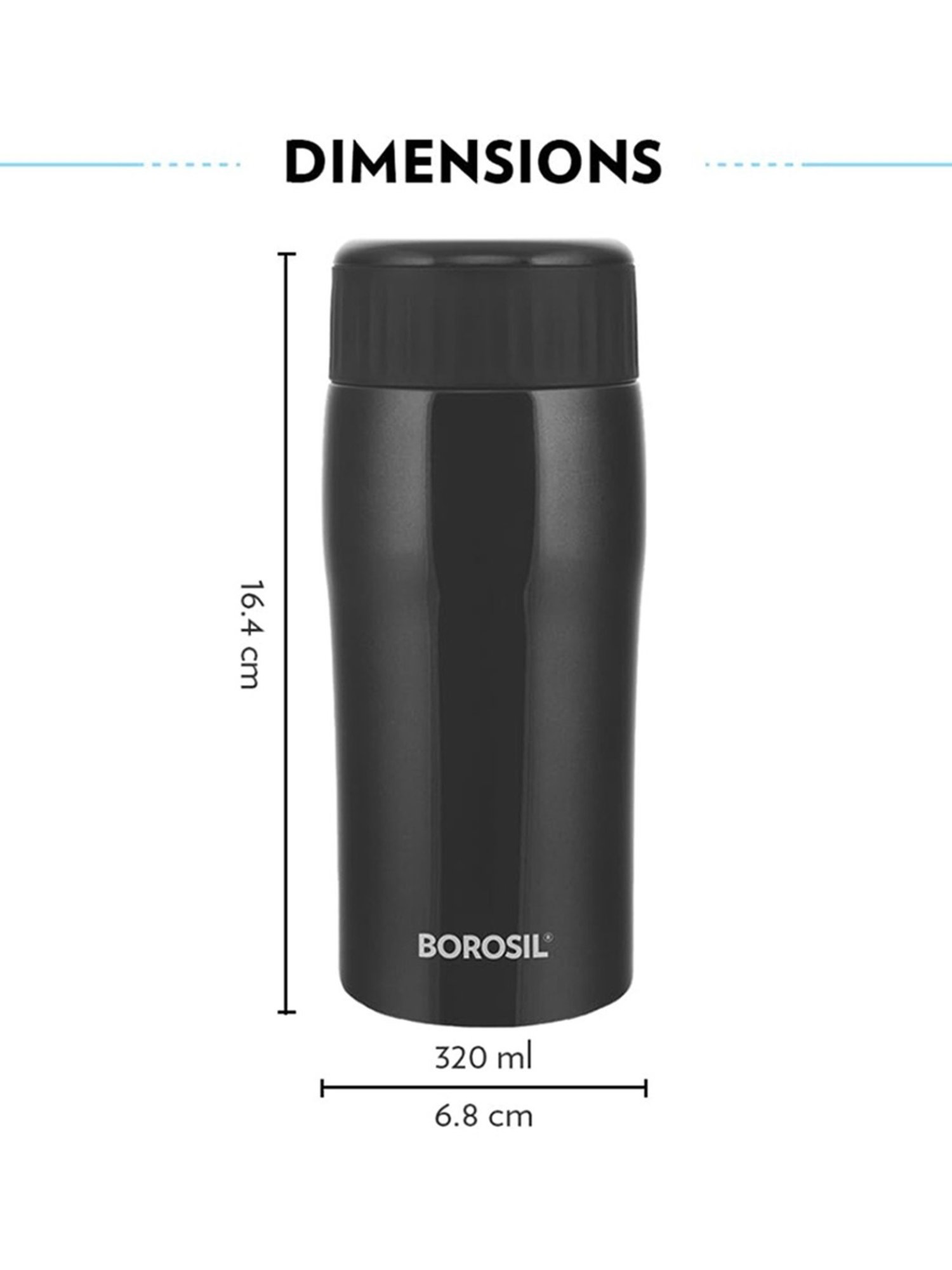 Borosil Black Stainless Steel 6 Hours Hot and 8 Hours Cold Water Bottles (320ml)