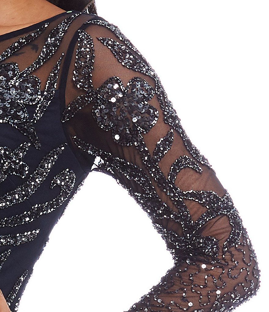 Kay Unger Long Bishop Sleeve V-Neck Crepe A-Line Dress