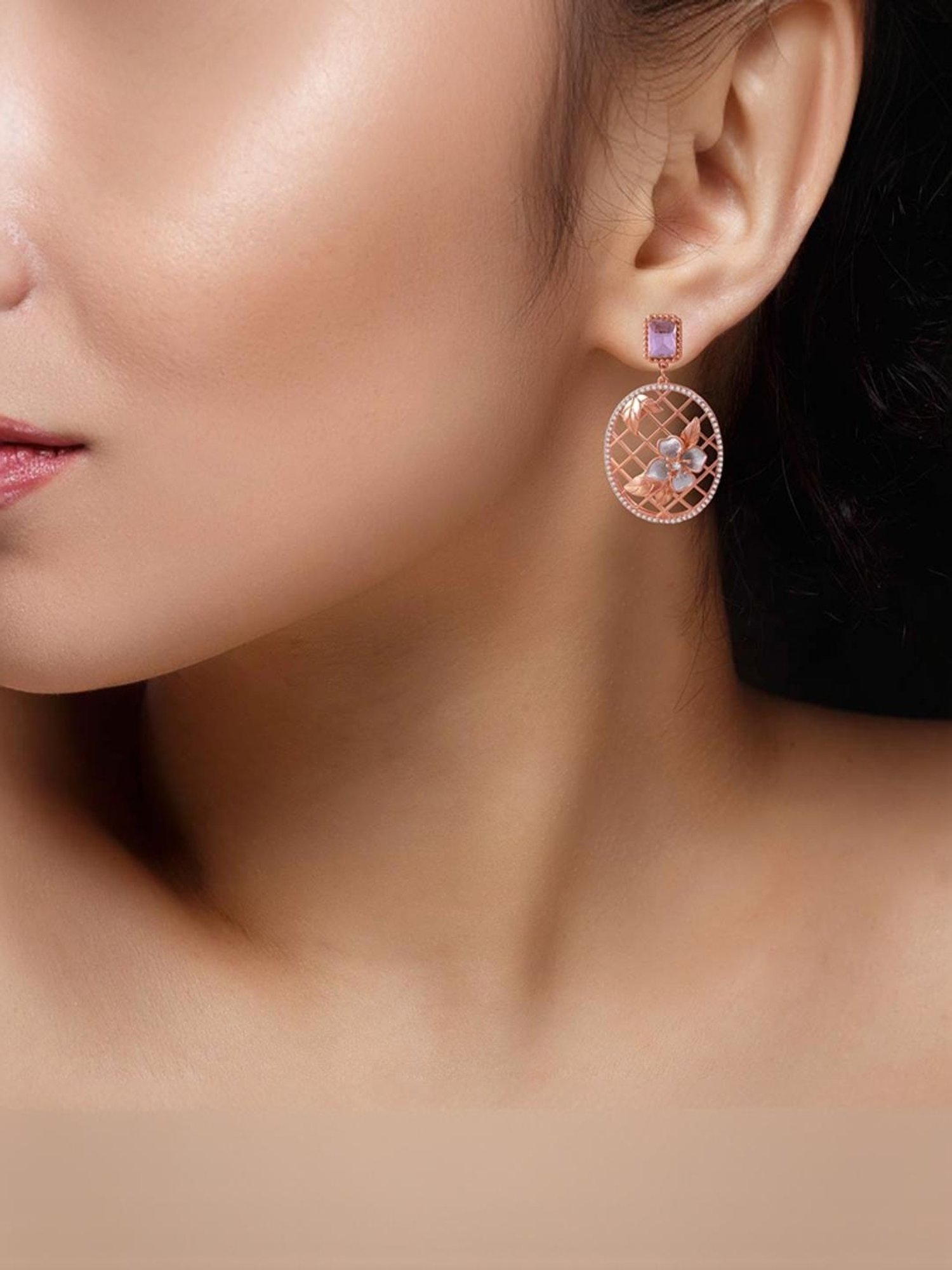 Rihi by P.C. Chandra Jewellers 92.5 Sterling Silver Pink Stone Oval Rose Gold Drop Earring
