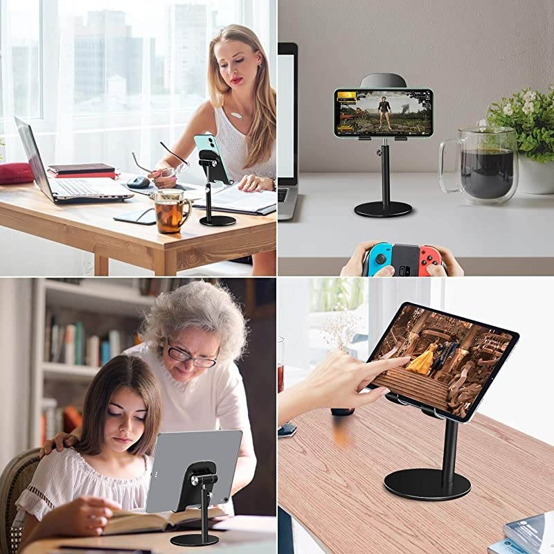 Cell Phone Stand, Aluminum iPad Tablet Stand Holder for Desk, Angle Height Adjustable iPhone Stand, Compatible with iPhone iPad Pro, Air, Mini 4 3 2, Kindle, (4-12.9'')-Black