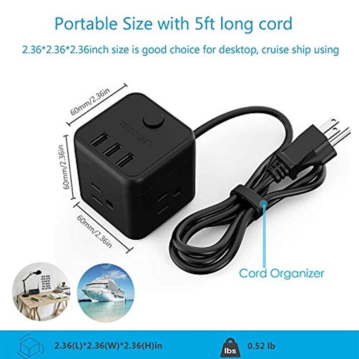 Power Strip Cube with 3 USB 3 Outlets, TESSAN Portable Desktop Charging Station with 5 Ft Extension Cord for Travel Cruise Ship, Home, Office, Dorm Room Essentials, Black