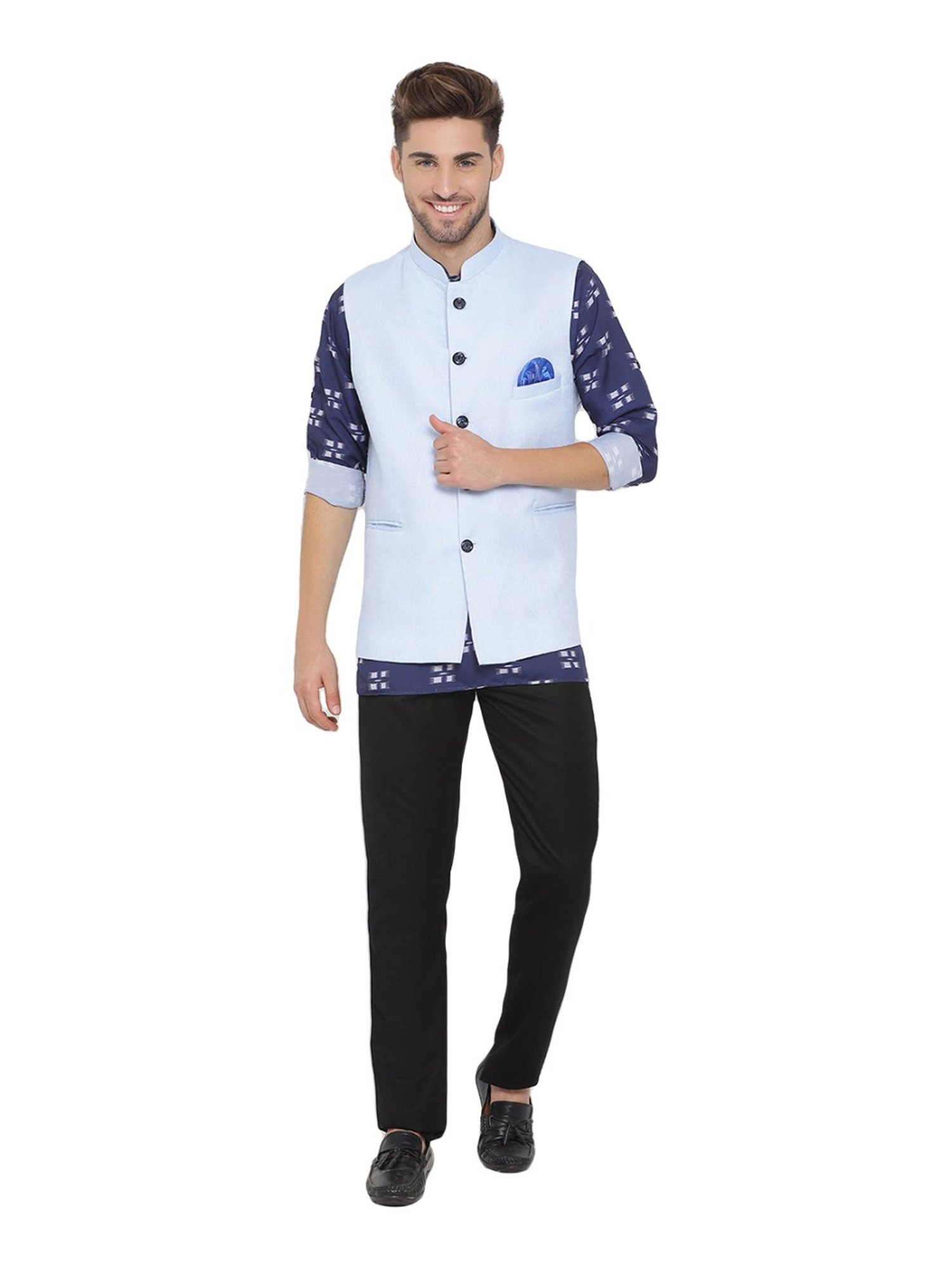Hangup Blue Linen Regular Fit Printed Kurta Bottom & Jacket Set