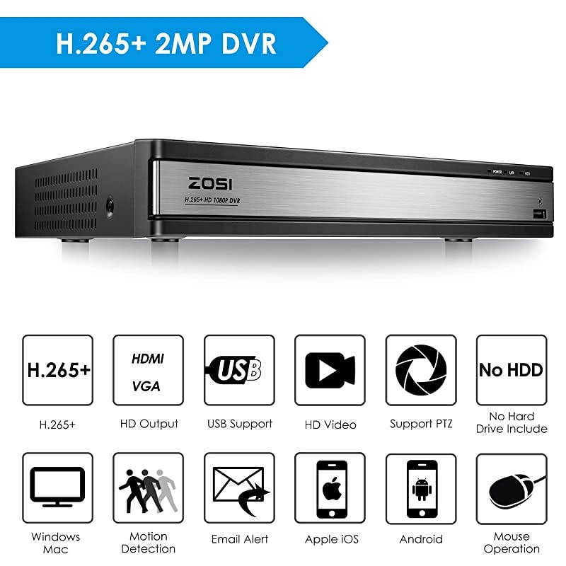 Full 1080p H265+ 16 Channel DVR for Security Camera Hybrid 4in1 CCTV DVR Surveillance SystemAnalogAHDTVICVIMotion DetectionMobile Remote ControlEmail Alarm No Hard Drive Included