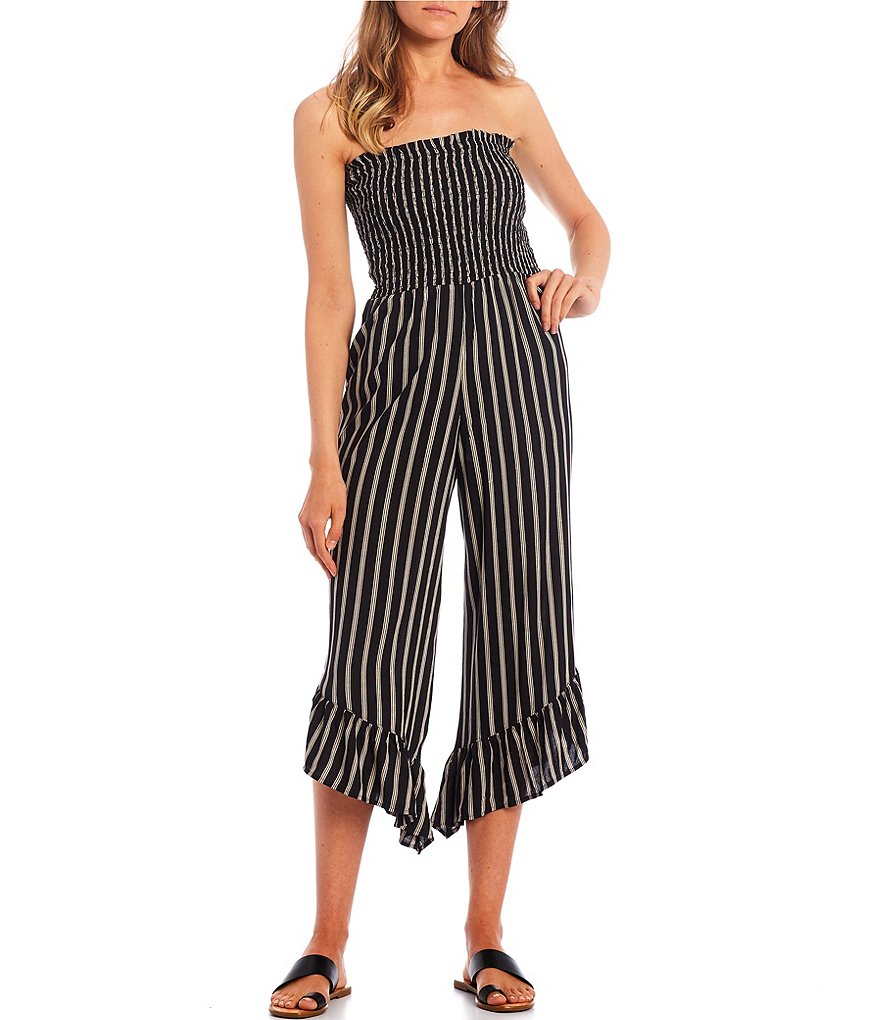 Angie Striped Strapless Smocked Bodice Ruffled Hem Jumpsuit