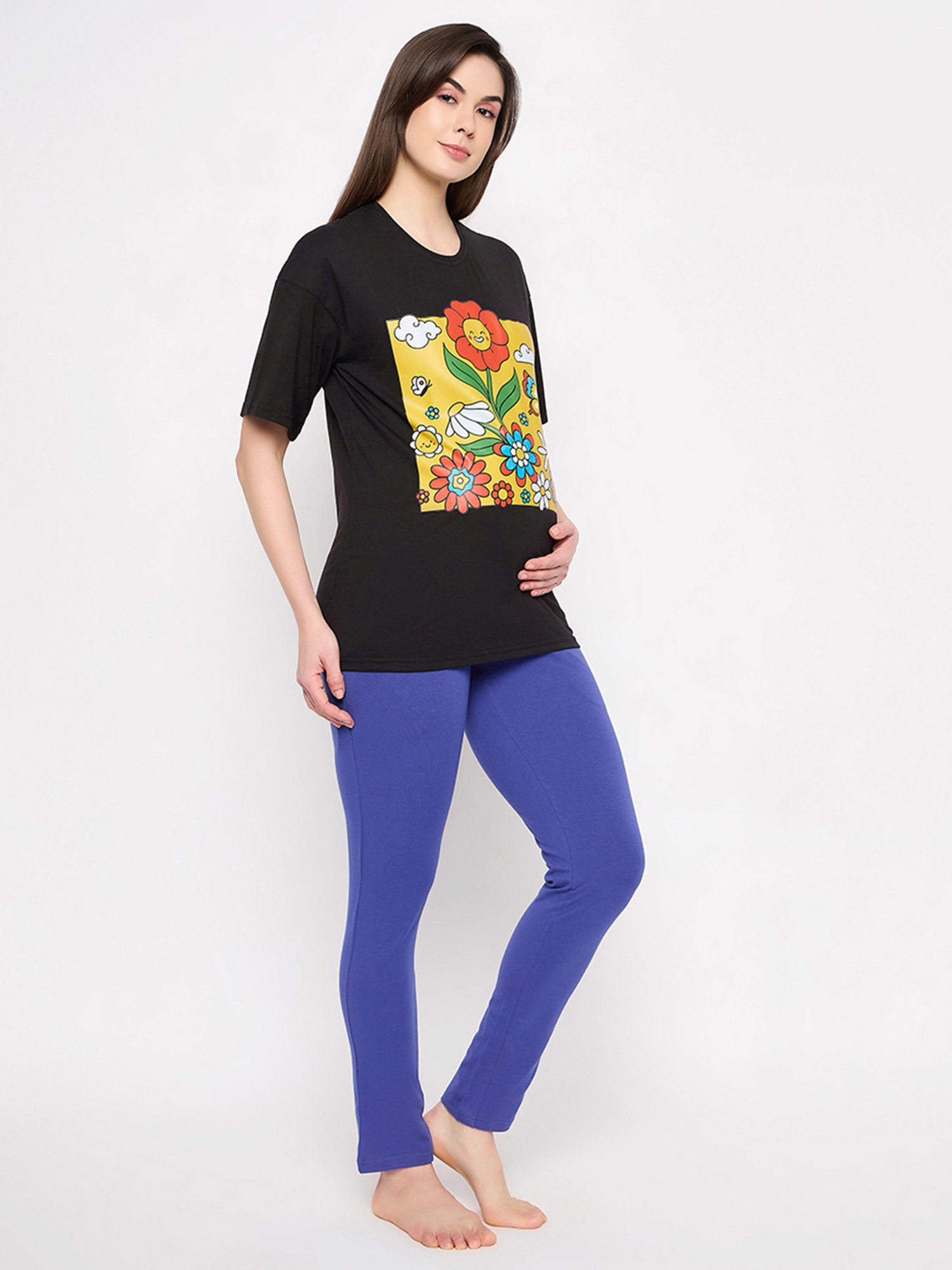 Clovia Yellow & Pink Graphic Print Maternity Top With Pyjamas