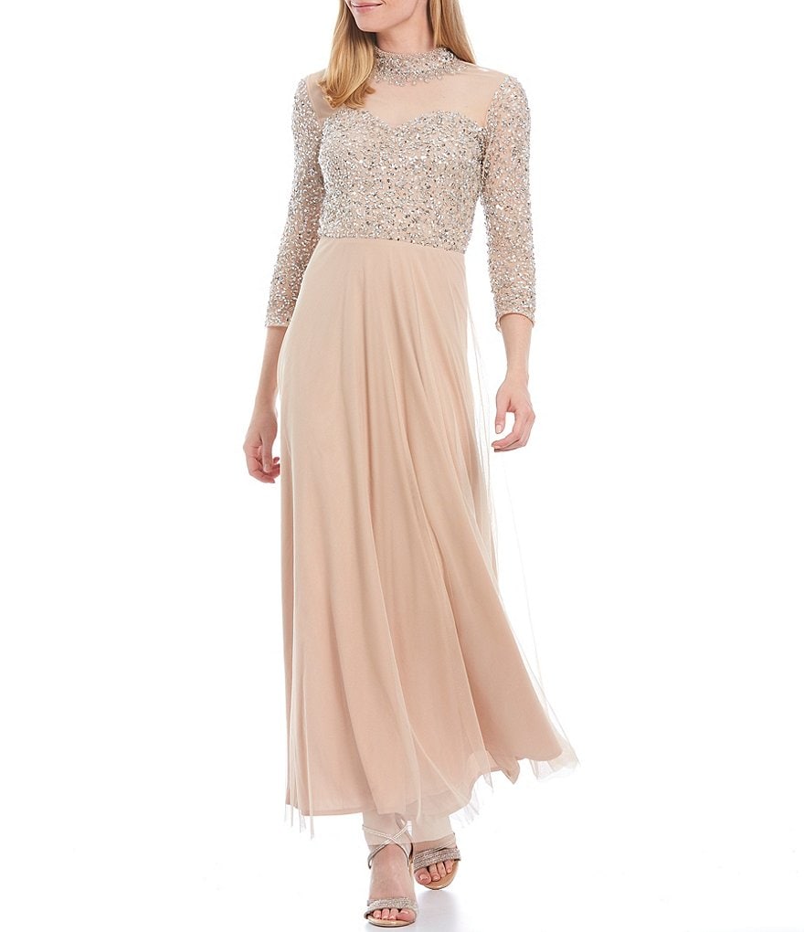 Pisarro Nights Petite Size Illusion Mock Neck 3/4 Sleeve Lined Beaded Gown