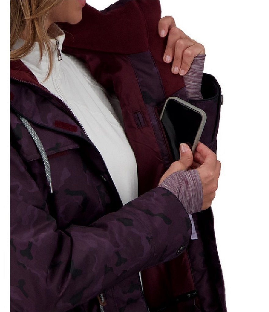 Obermeyer Celestia Hooded Stand Collar Long Sleeve Camouflage Print Ski Jacket