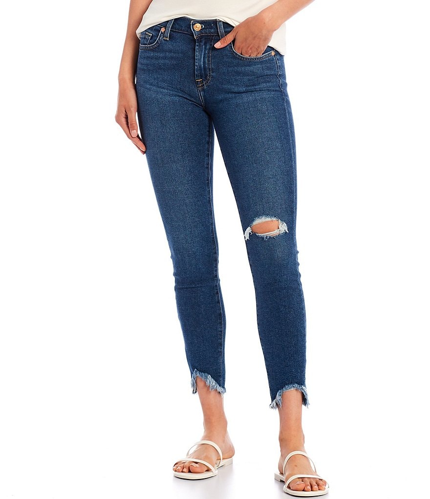 7 for all mankind Mid Rise Destruction Detail Frayed Hem Skinny Ankle Jeans