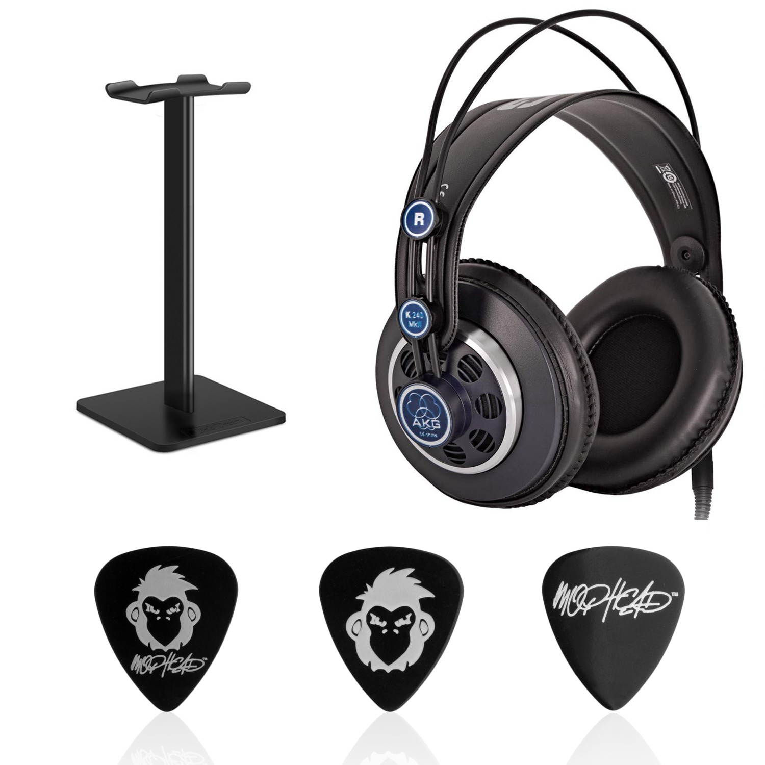 AKG K240 MKII Professional Semi-Open Stereo Headphones Bundle with Audiomate Headphone Stand and Mophead 3 Medium Guitar Picks
