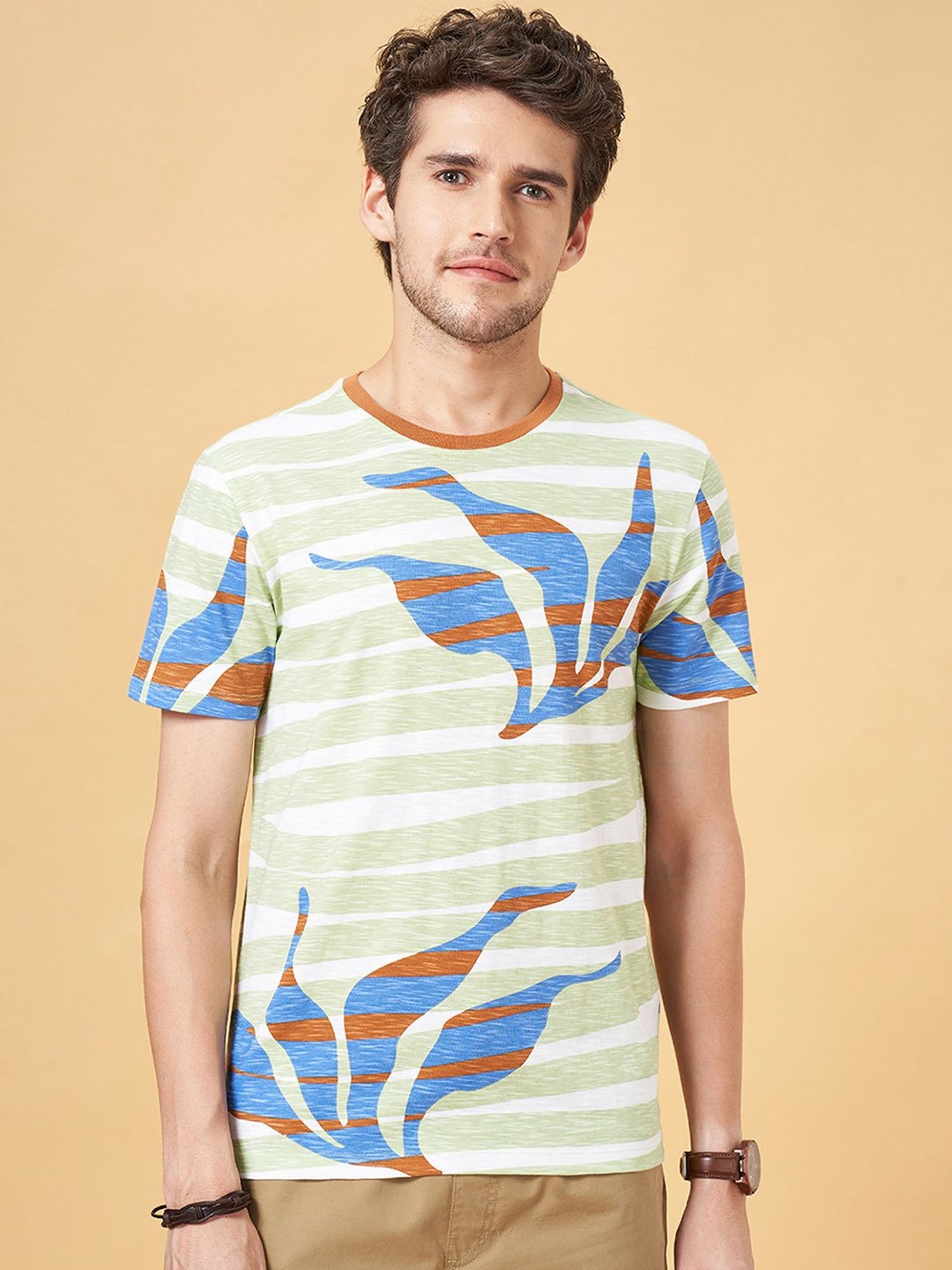 Urban Ranger by Pantaloons Sea Green Slim Fit Printed Crew T-Shirt
