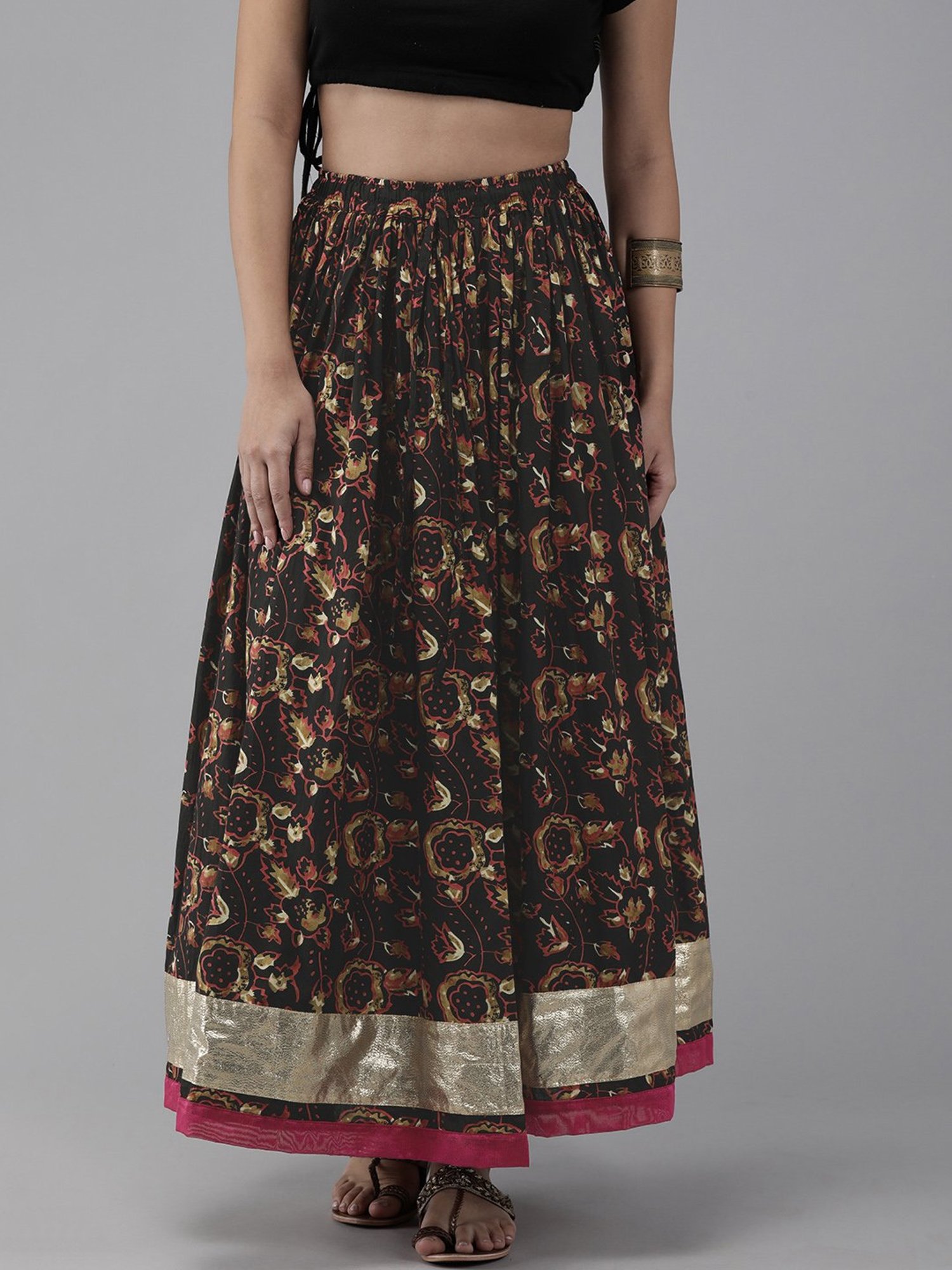 Geroo Jaipur Black Hand Block Printed Skirt With Magzi Border