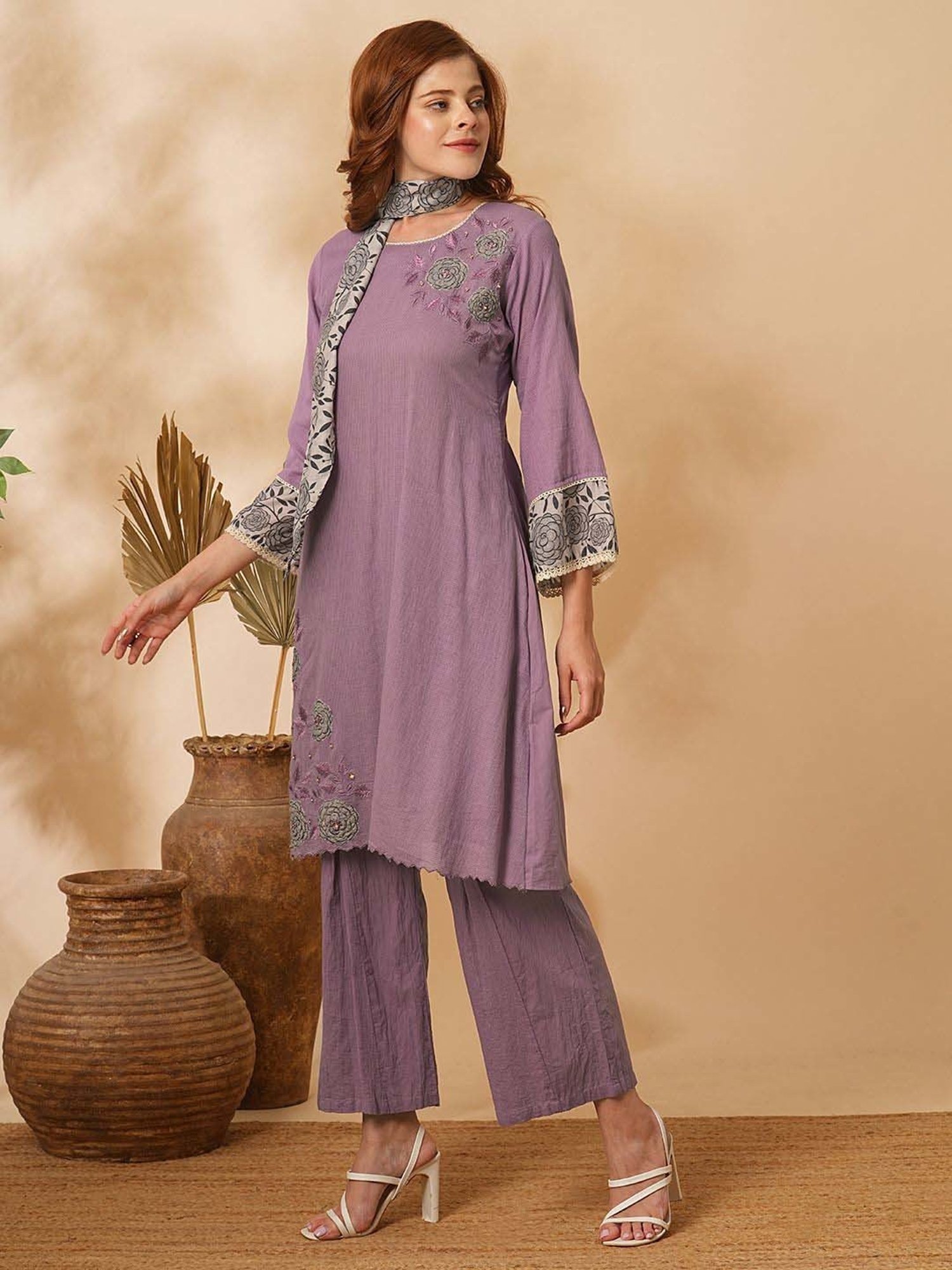 Fashor Purple Cotton Embroidered Kurta & Pant Set