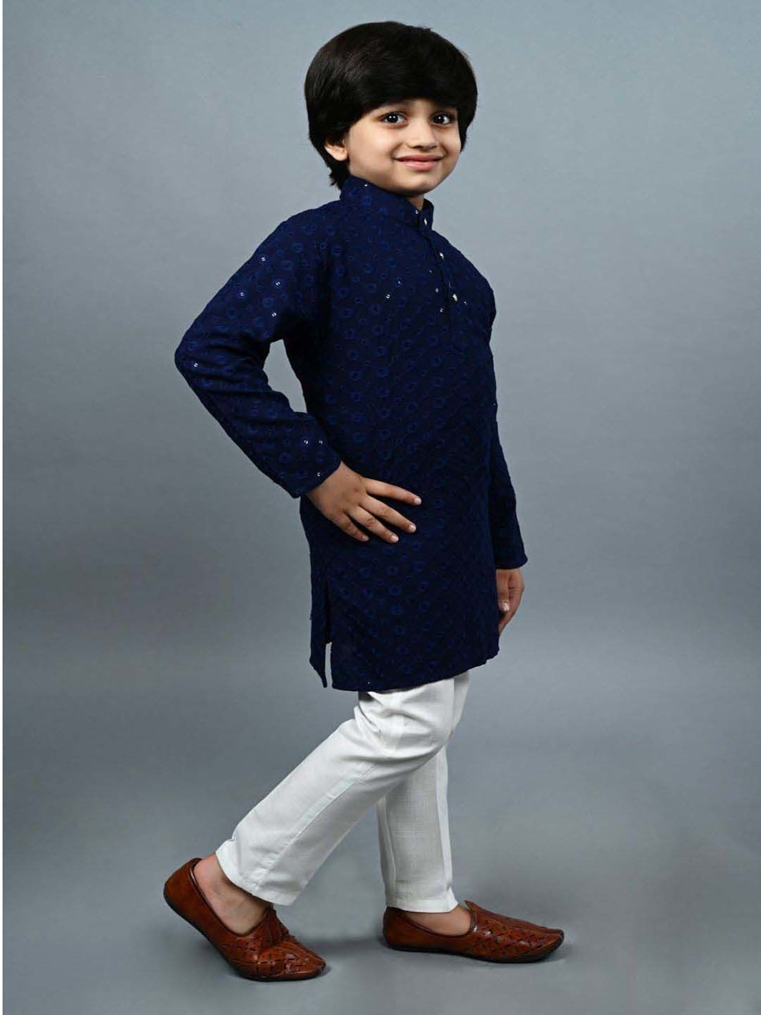 Ahhaaaa Kids Blue & White Cotton Embroidered Full Sleeves Kurta Set