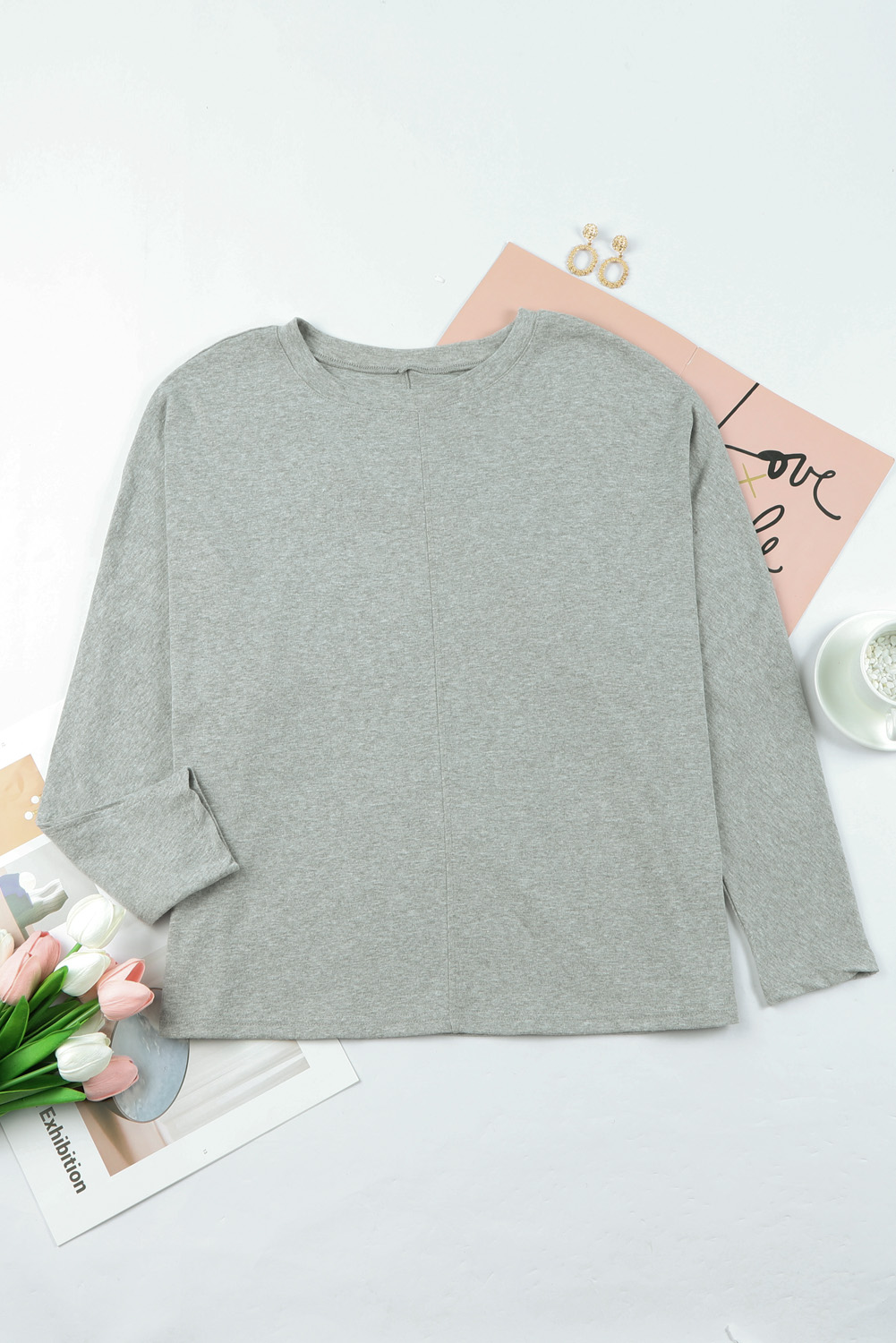 Grey Plain Solid Color Casual Seam Long Sleeve Top