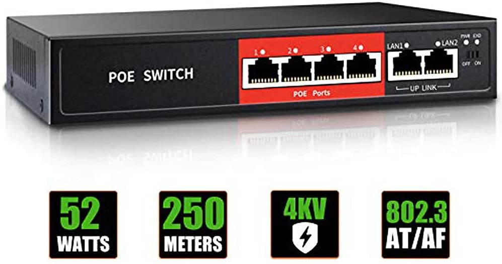 AI PoE Switch,52V 52W (4 POE Ports +2 Uplink)100Mbps,802.3af/at,Unmanaged Network Extender Power Over Ethernet for IP,Extend Function,Metal Plug and Play