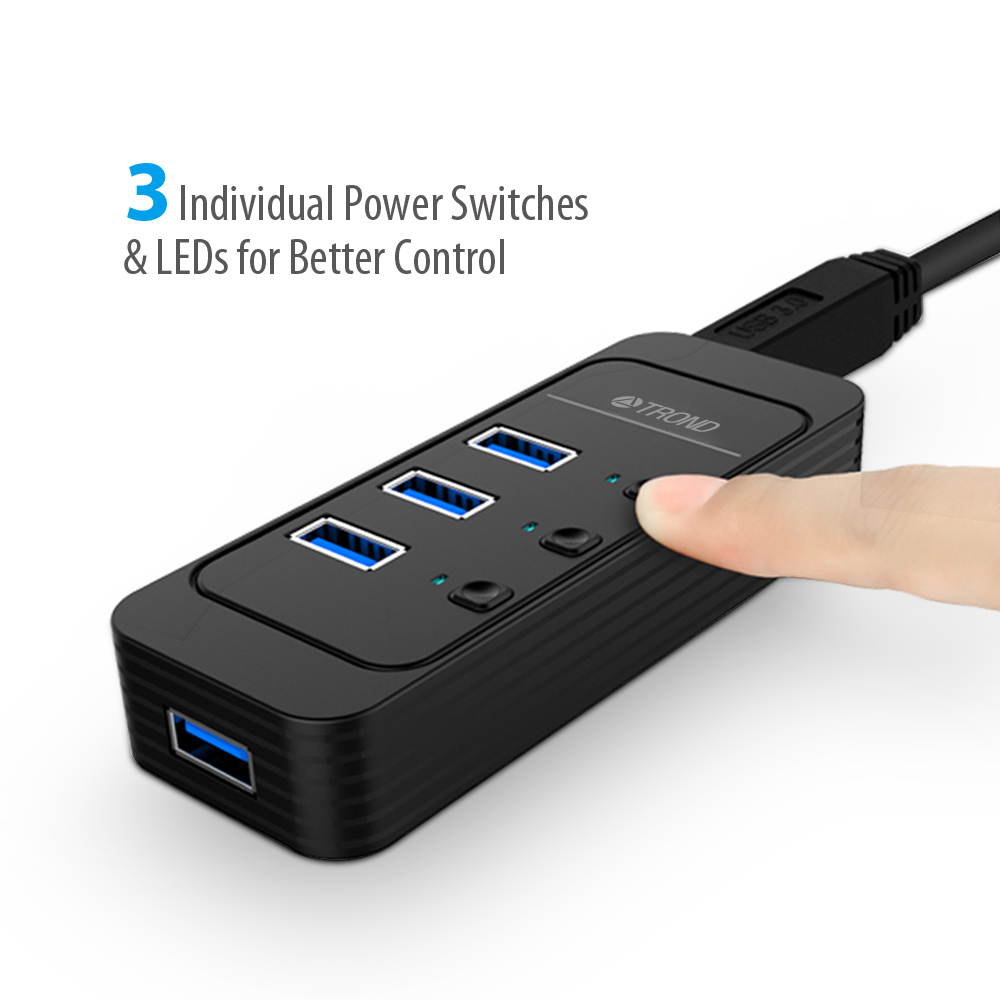 TROND D4 4-Port USB 3.0 Hub with Individual Power Switches, LED Indicators and 3.9 ft Detachable USB Cable