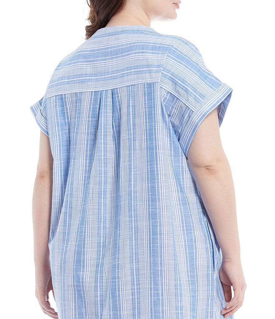 Kate Landry Plus Yarn-Dye Striped Short Sleeve Woven Long Caftan