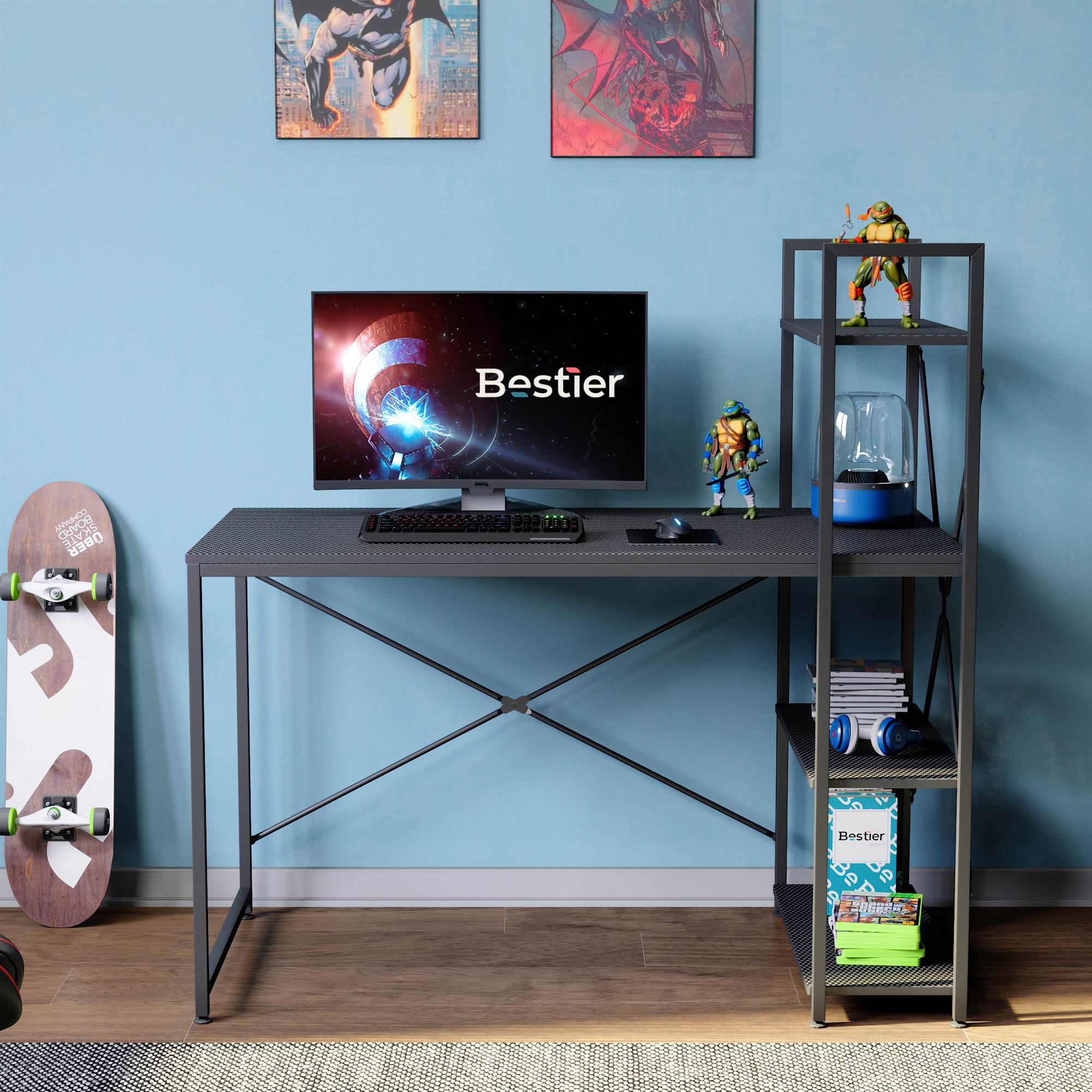 Bestier 63 Inch Computer Desk with Storage Shelves, Modern Bookshelf Desk with Headphone Hook Large Workstation Writing Desk with Reversible Bookshelves Home Office Work Table Study Desk Grey