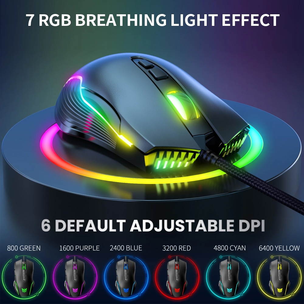 ONIKUMA CW905 7 Keys Wired Gaming Mouse Ergonomic Mouse with 6-level Adjustable DPI Colorful RGB Breathing Light Effect Black