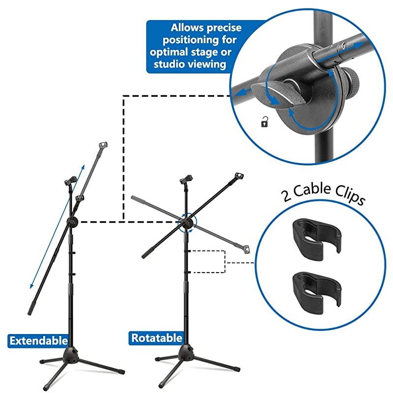Microphone Stand Heavy Duty Adjustable Collapsible Tripod Boom Mic Stands with 2 Mic Clip Holders for Performance Karaoke Singing Speech Wedding Stage and Outdoor Activity Black
