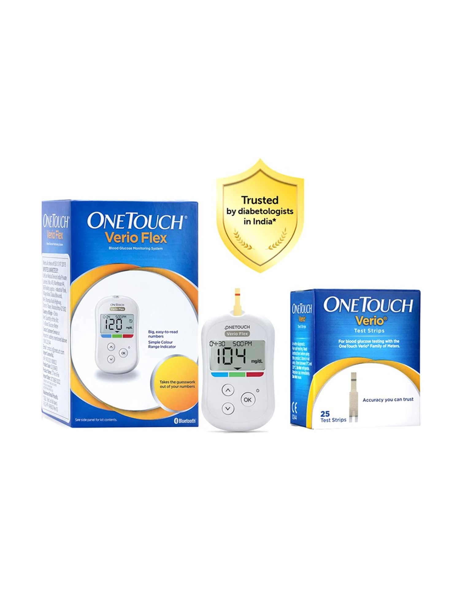 OneTouch Verio Flex glucometer combo with 25 Test Strips & 10 lancets |Syncs results with mobile app