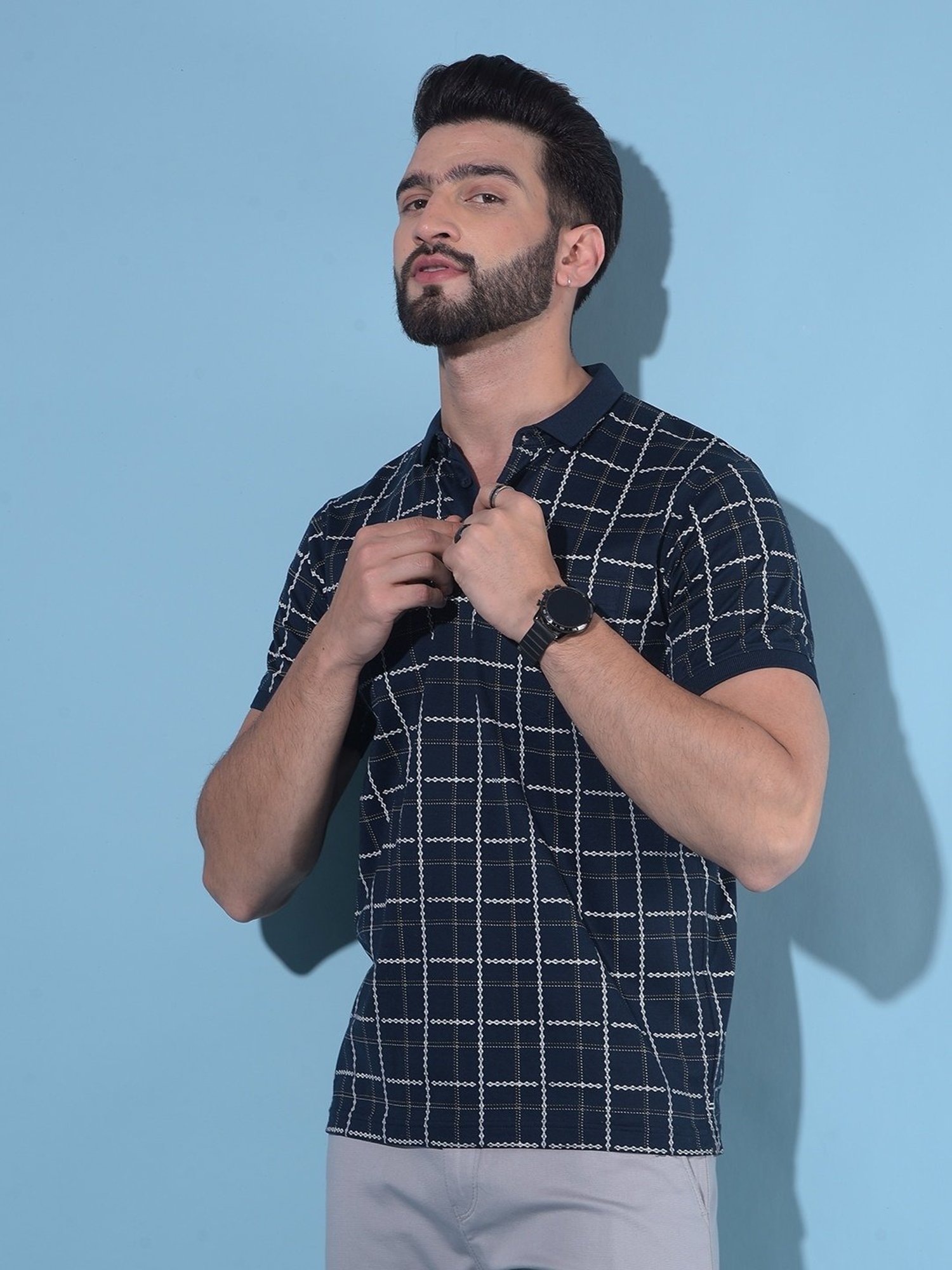 Crimsoune Club Navy Blue Cotton Slim Fit Checks Polo T-Shirt