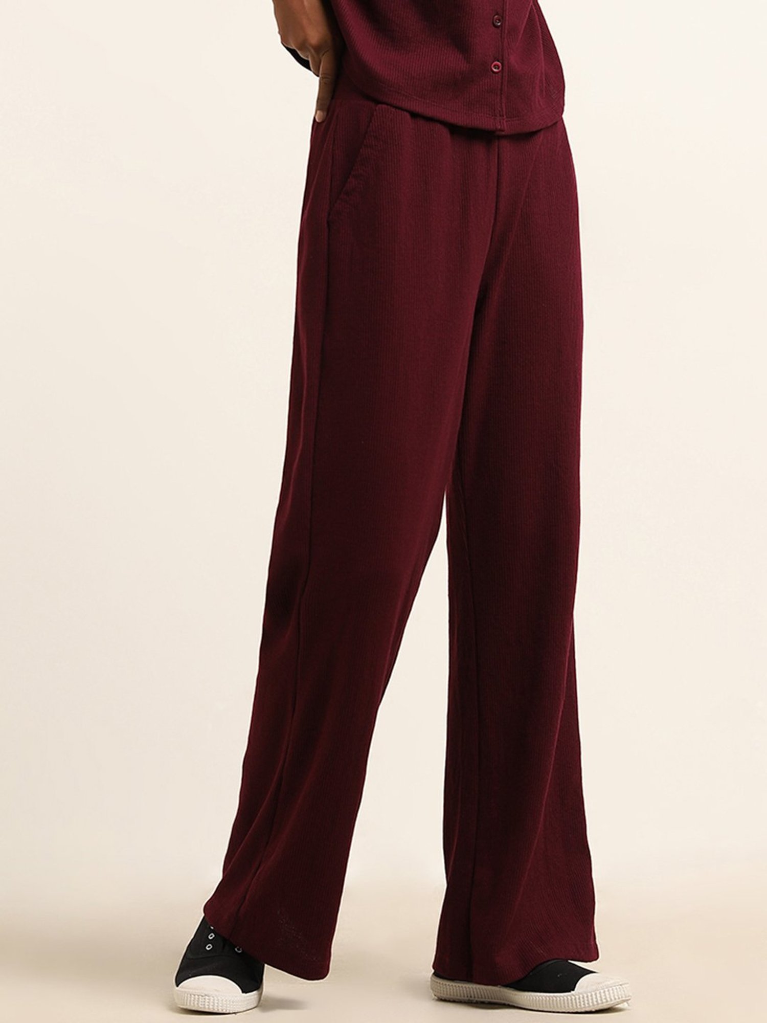 Superstar by Westside Burgundy Ribbed Wide-Leg Mid-Rise Pants