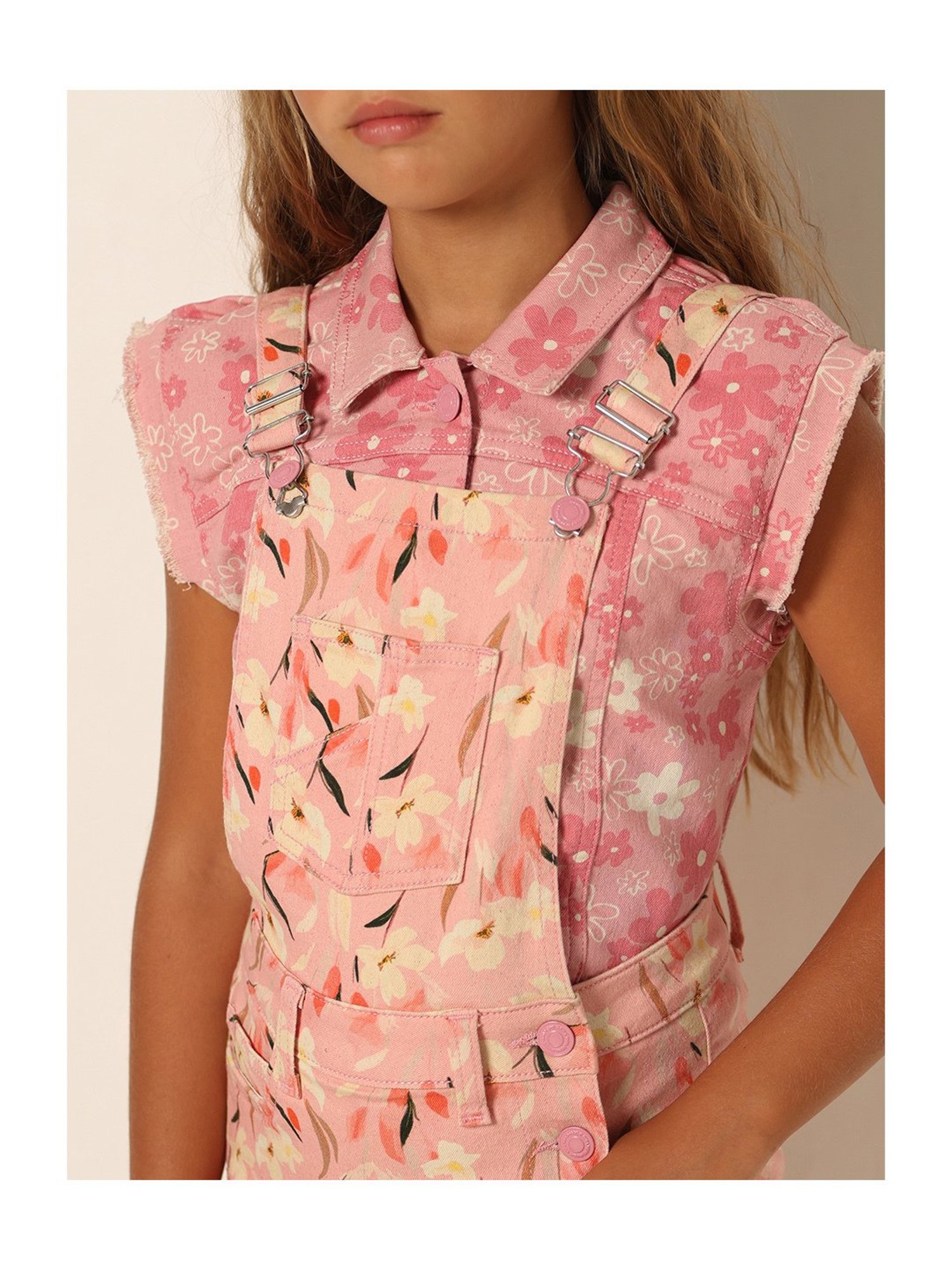 VERO MODA GIRL Pink Floral Print Dungaree Dress