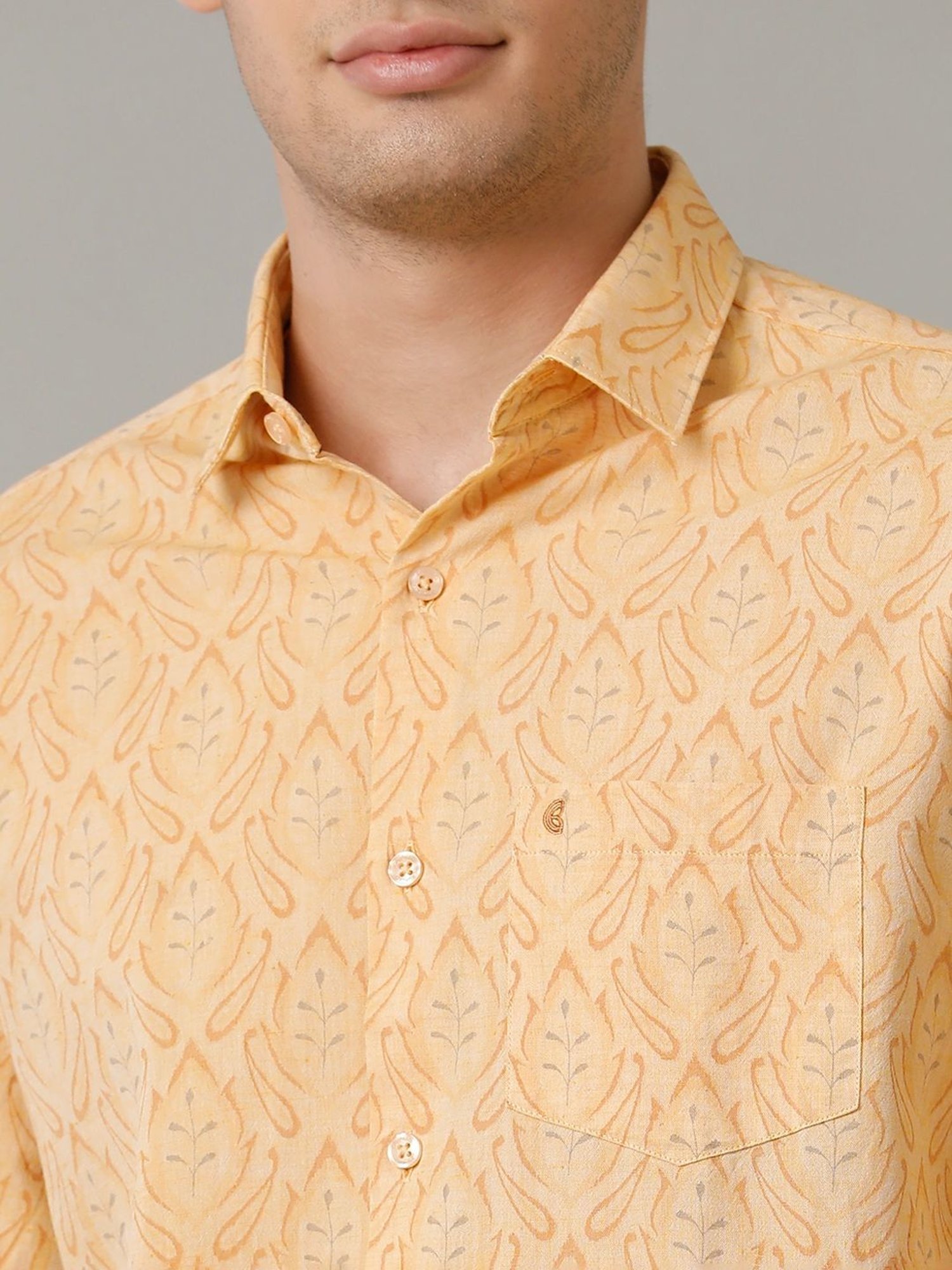 Cavallo By Linen Club Orange Linen Contemporary Fit Printed Shirt