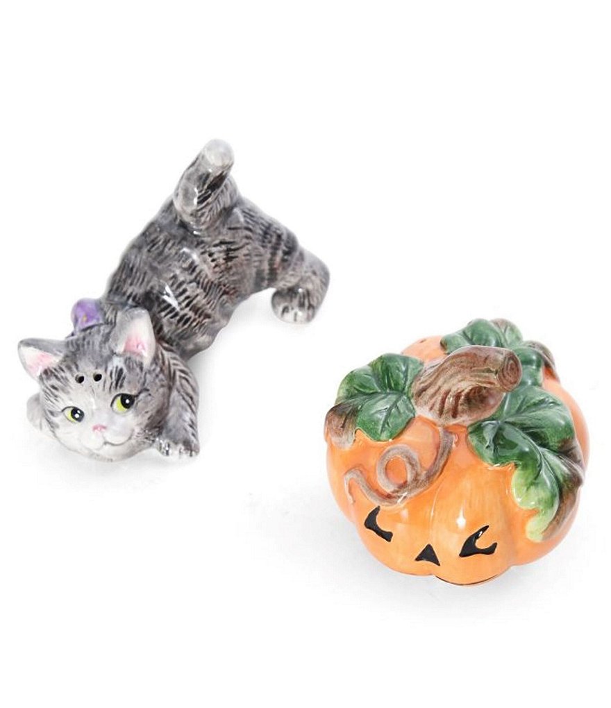 Fitz and Floyd Halloween Kitten and Jack-o-lantern Pumpkin Salt & Pepper Set