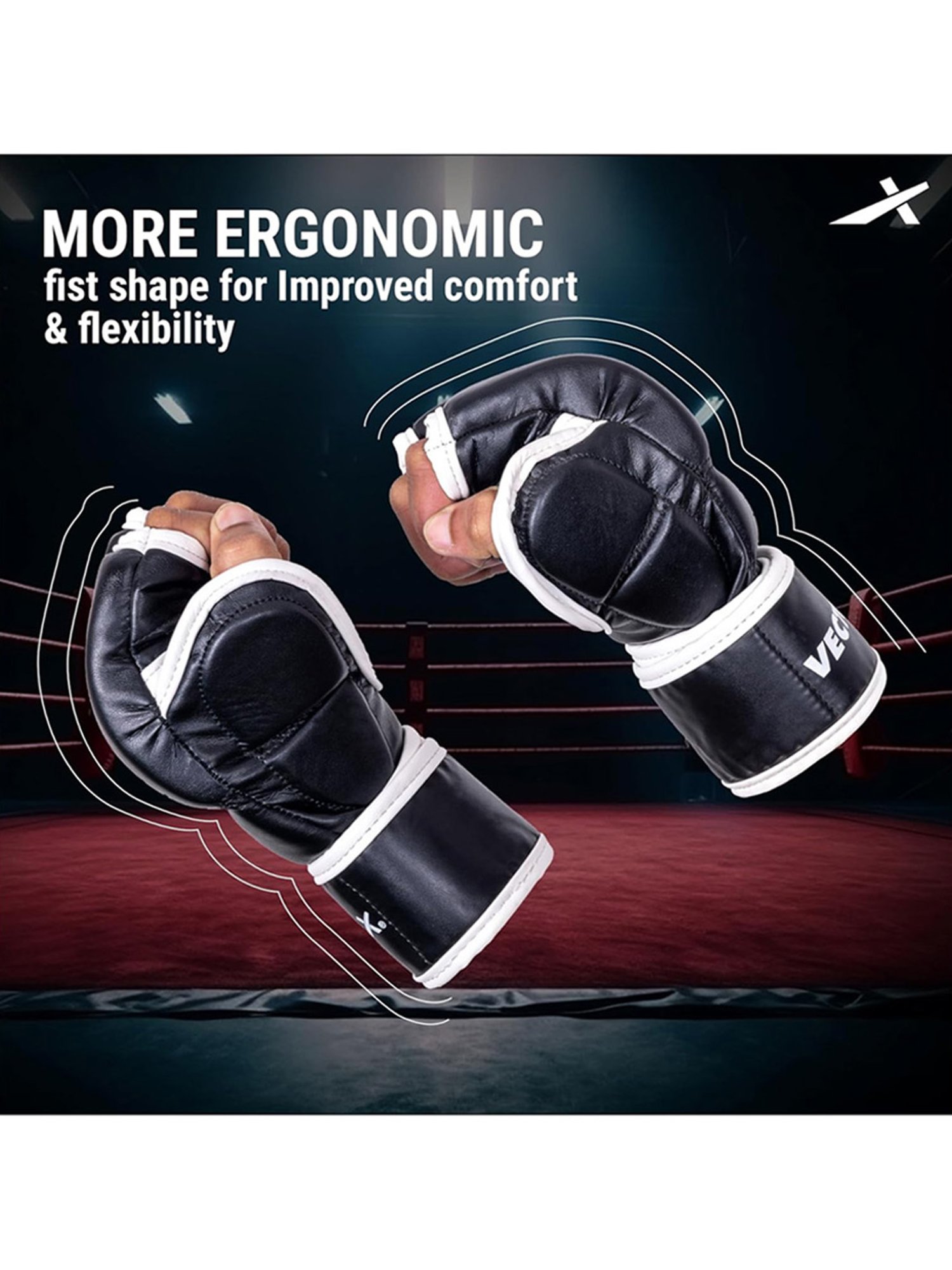 Vector X Attack MMA Thumb Protection Grappling Gloves (Black) Size - L/XL